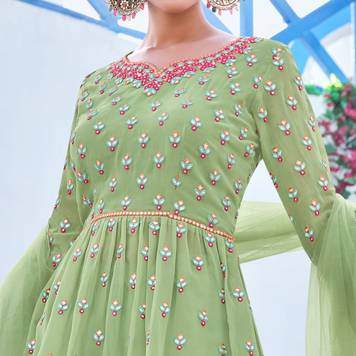 Pista Green Floral Embroidered Georgette Sharara Suit