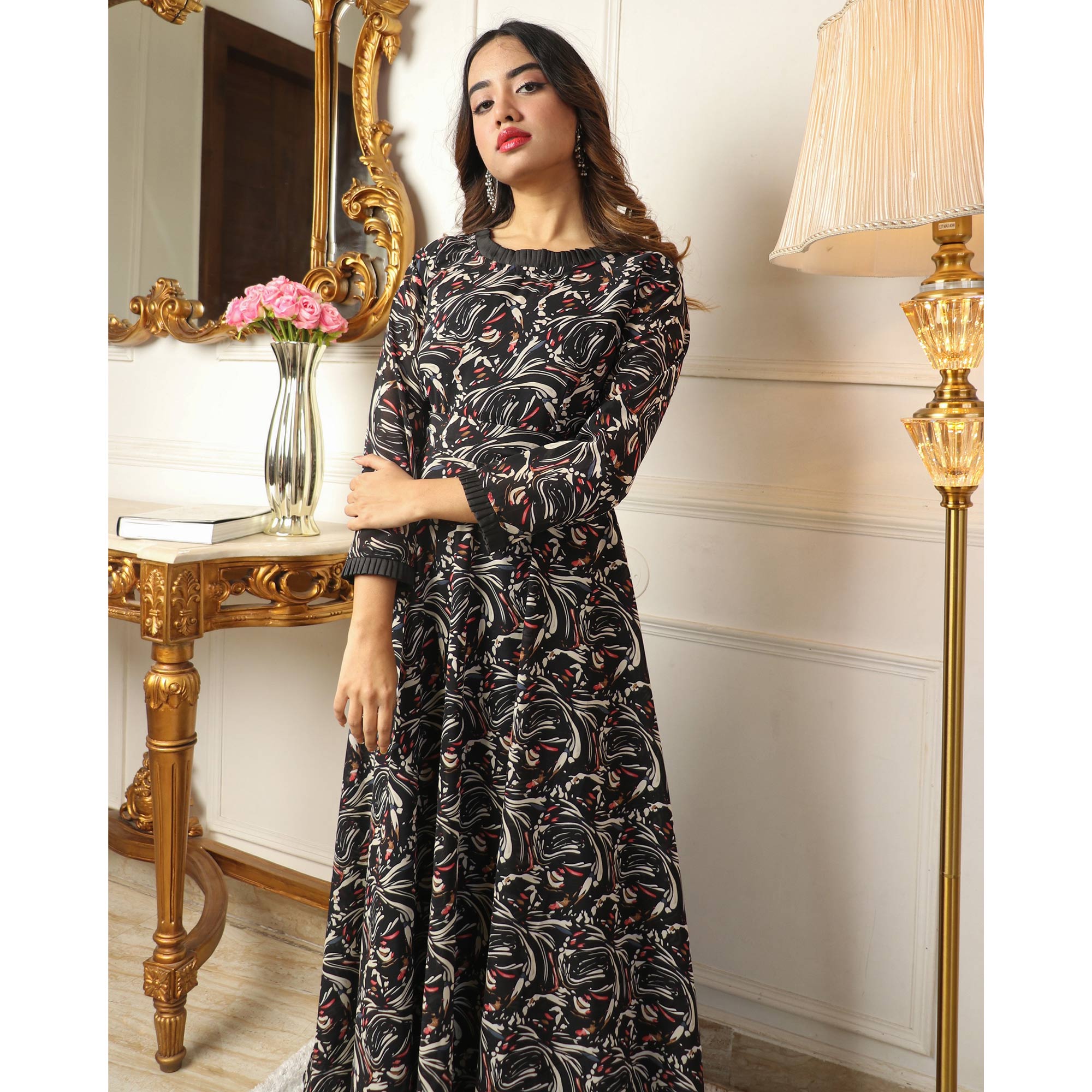 Black Printed Georgette Gown