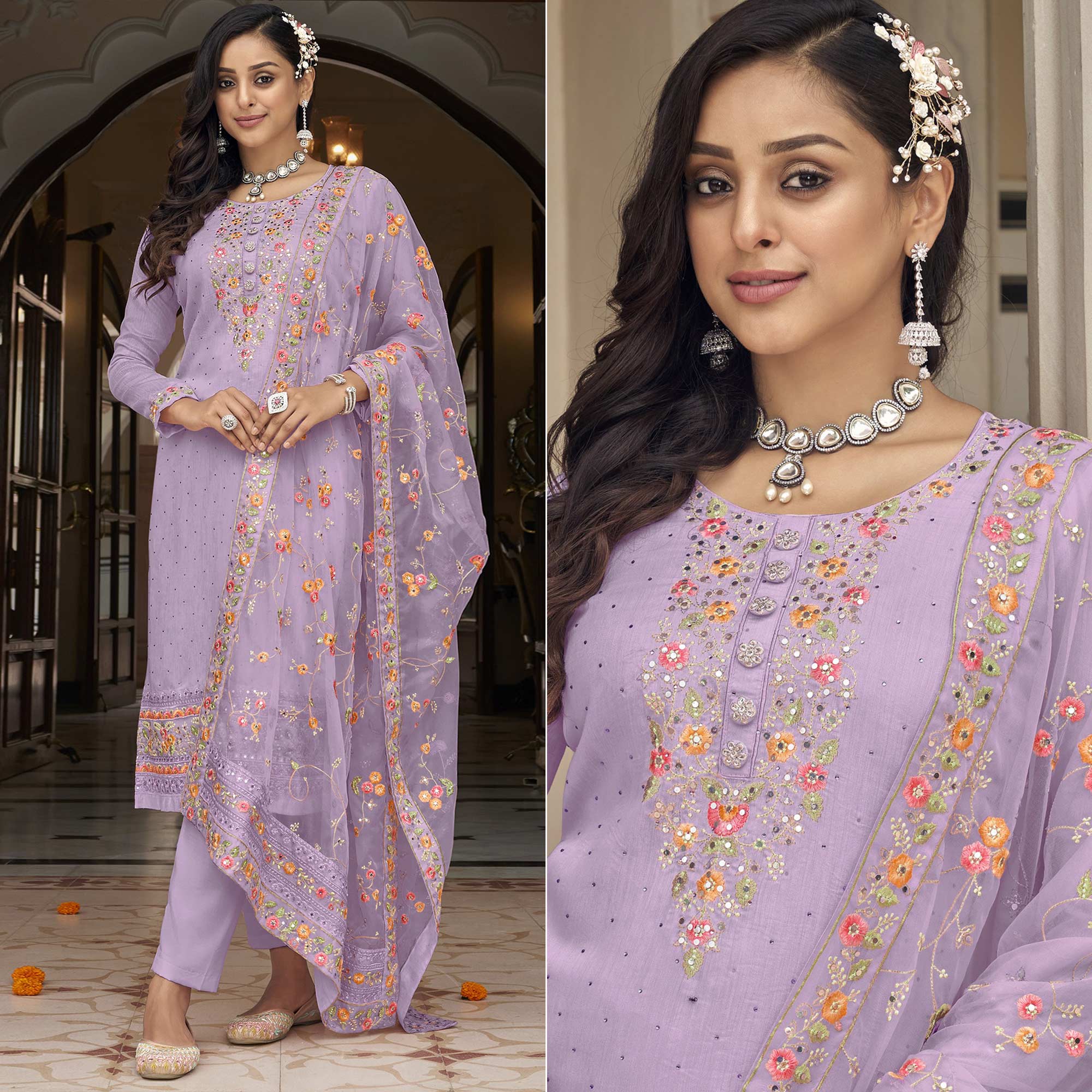 Light Purple Floral Embroidered Georgette Salwar Suit