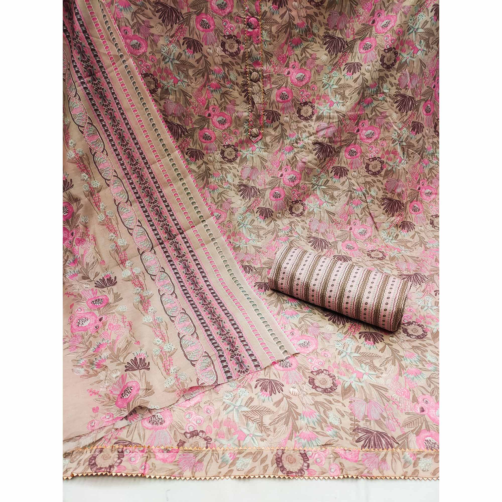 Beige Floral Printed Cotton Blend Dress Material