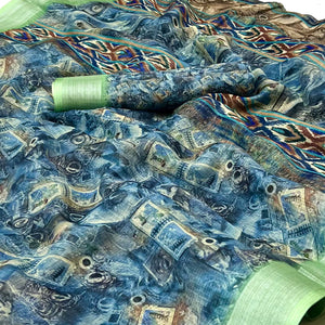 Blue Digital Printed Linen Saree