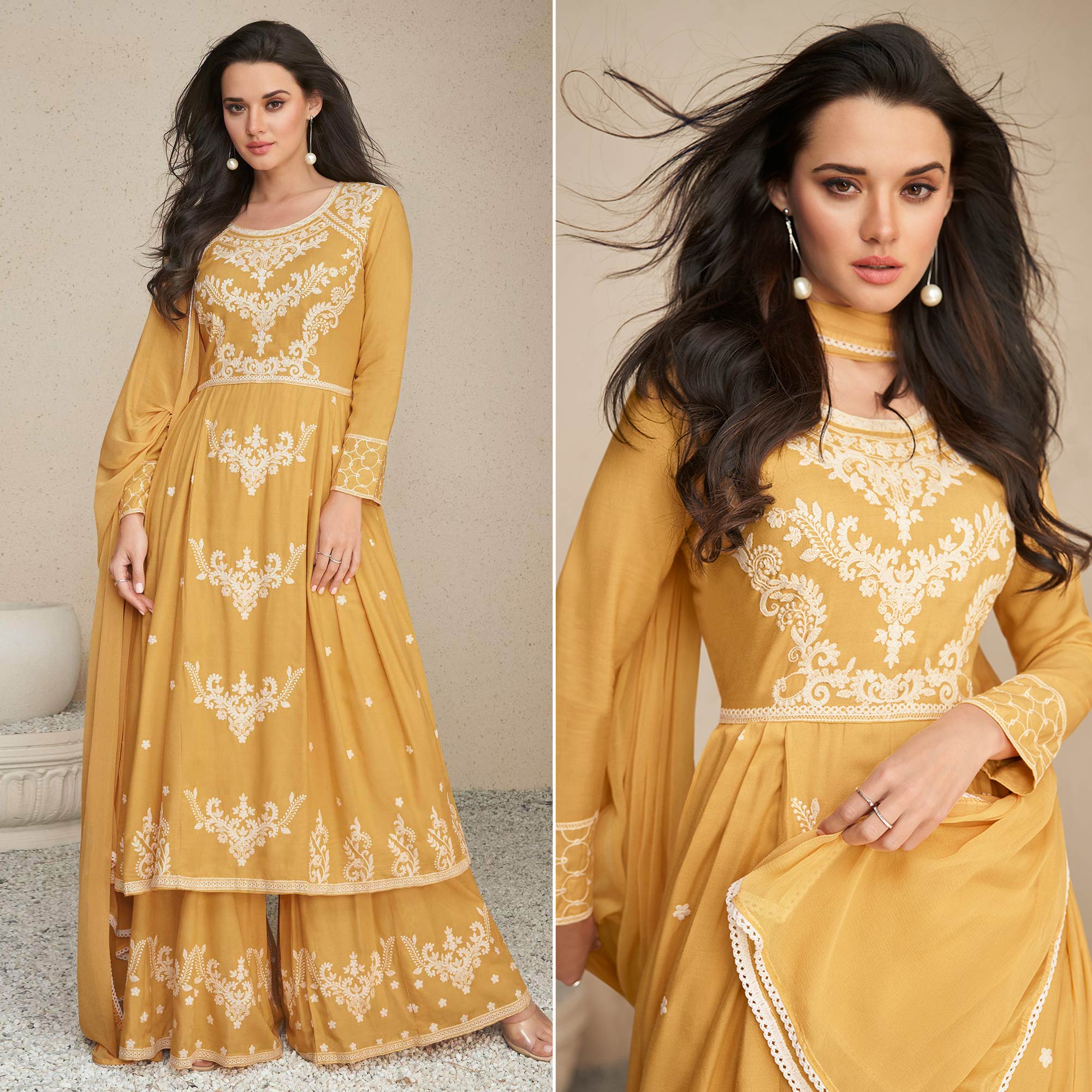 Mustard Lucknowi Embroidered Rayon Anarkali Suit
