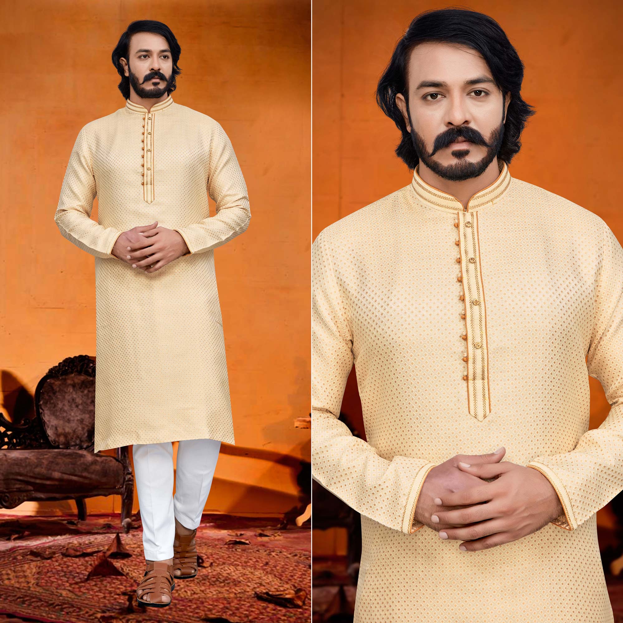 Light Yellow Woven Jacquard Kurta Pyjama Set
