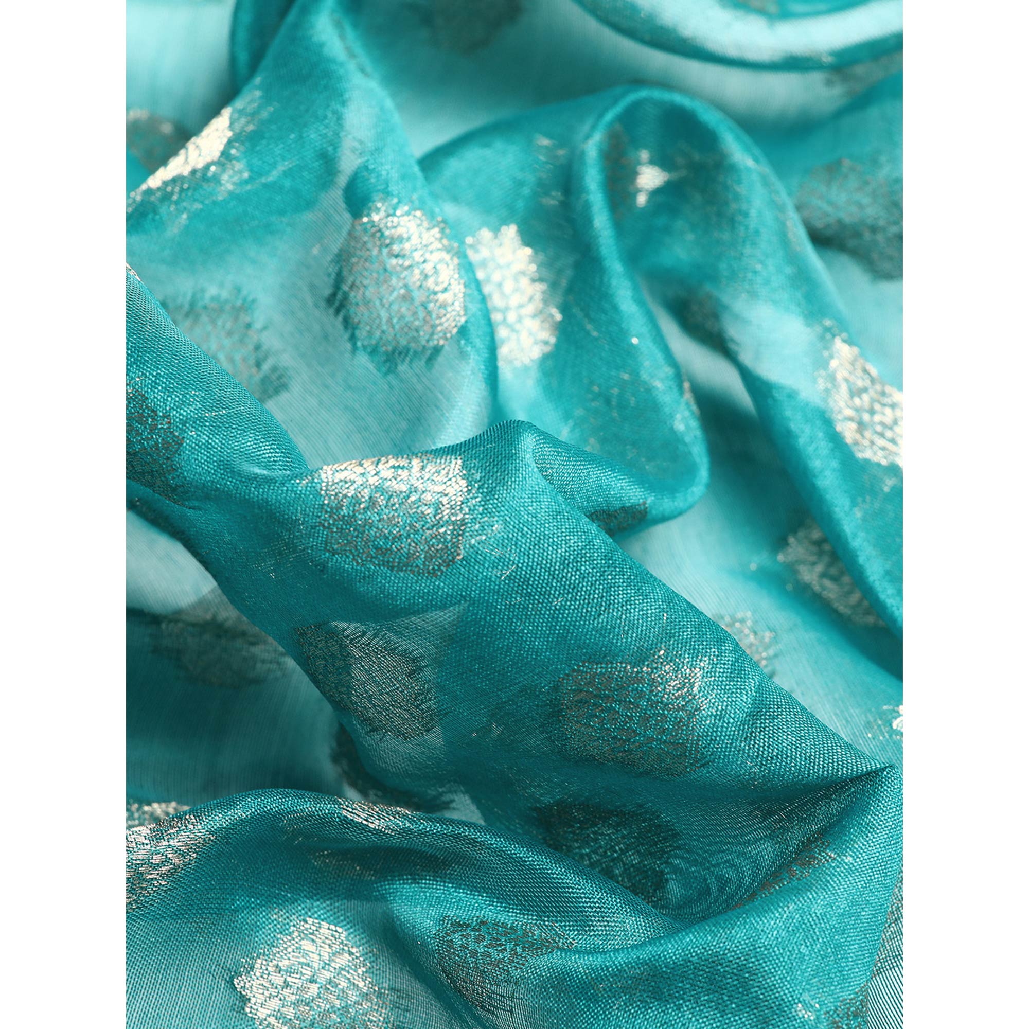 Turquoise Woven Organza Silk Saree With Tassels