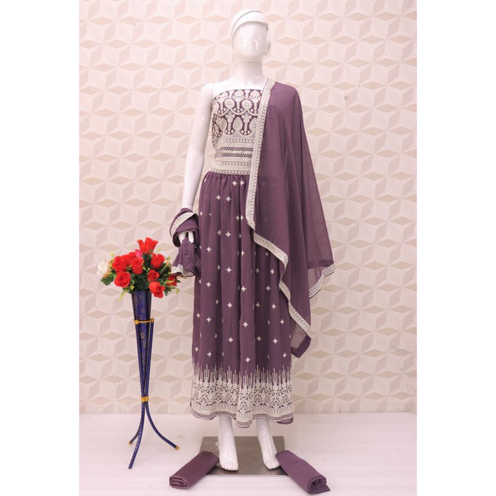 Purple Embroidered Georgette Naira Cut Semi Stitched Palazzo Suit