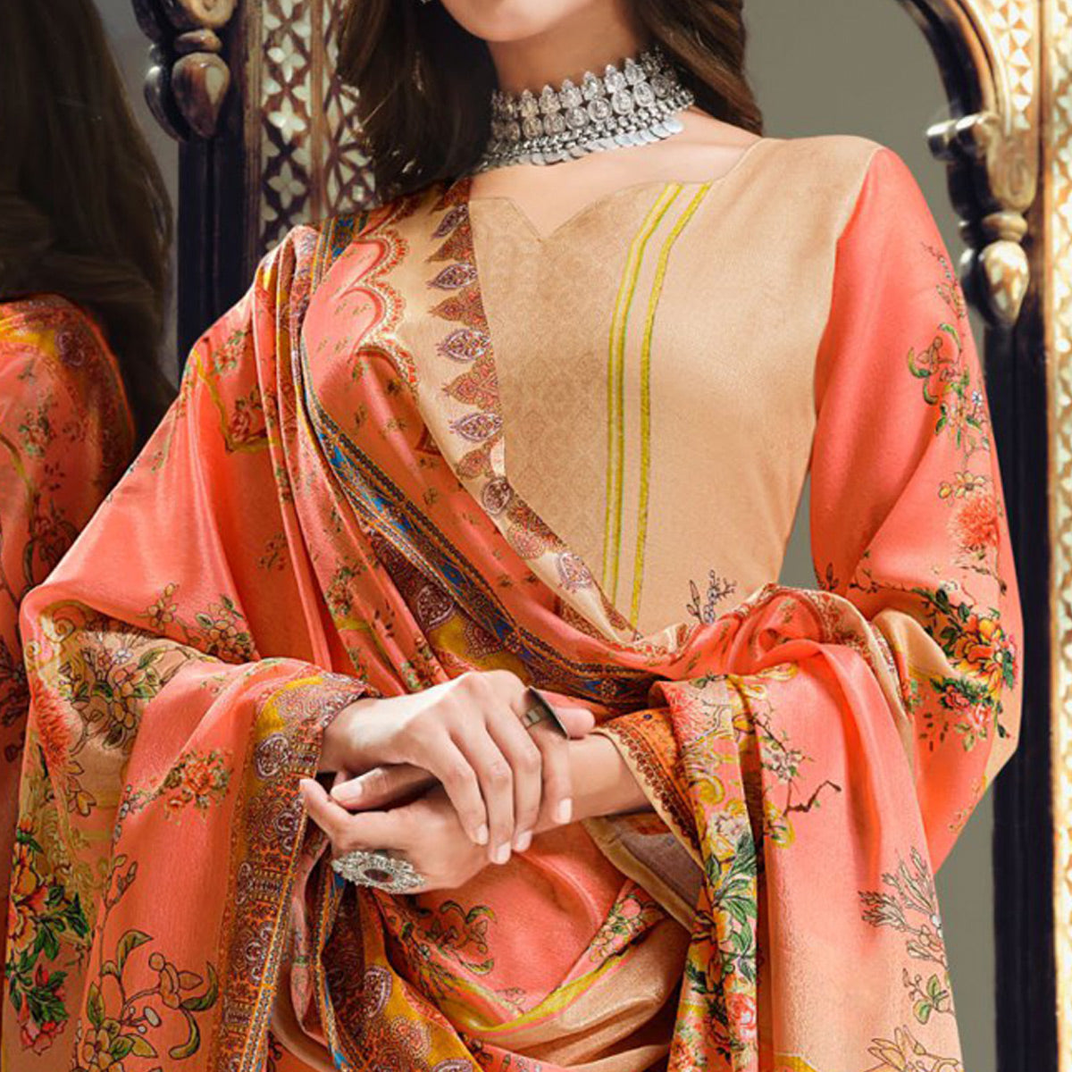 Peach And Beige Digital Printed With Daman Embroidered Pure Cotton Pakistani Suit