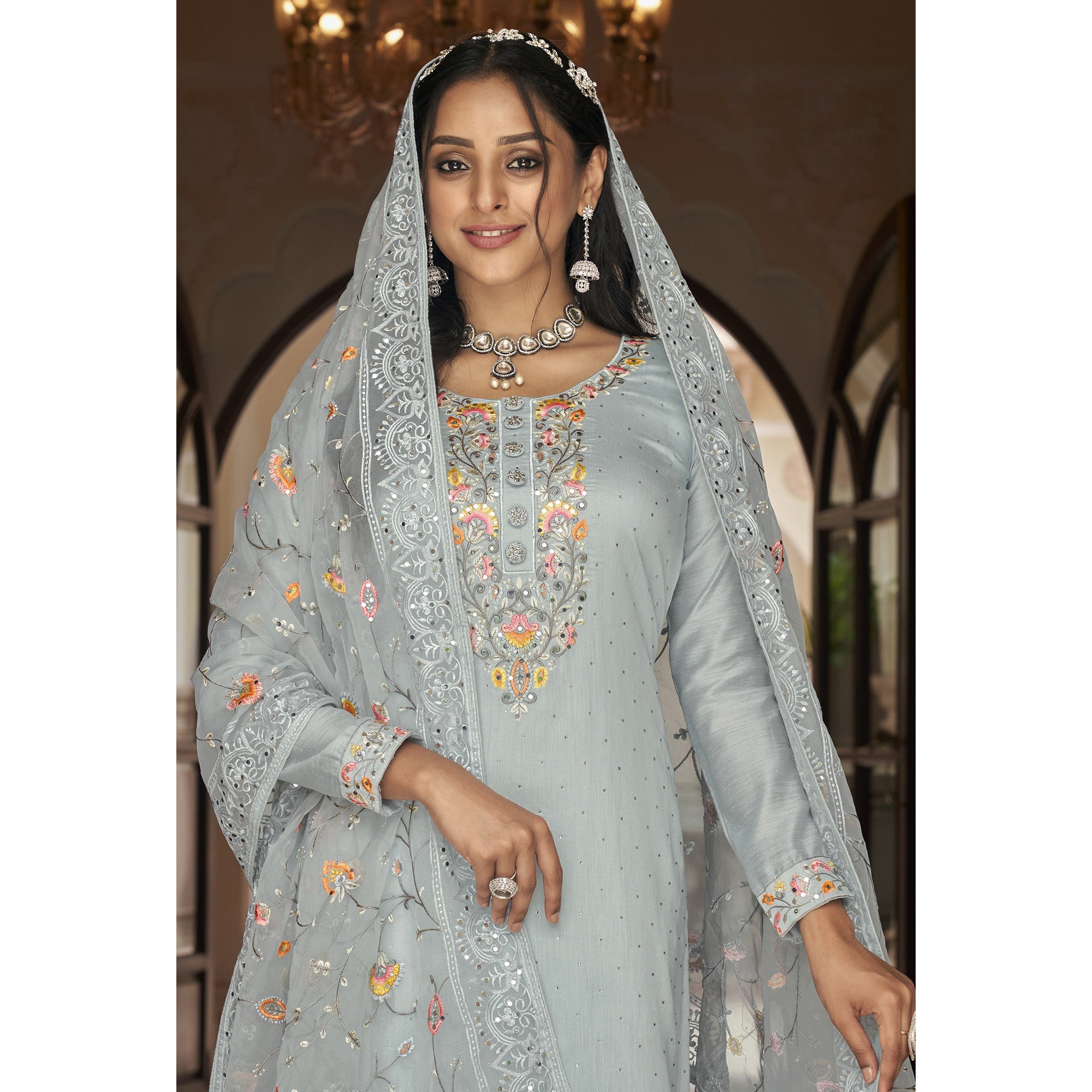 Grey Floral Embroidered Georgette Salwar Suit