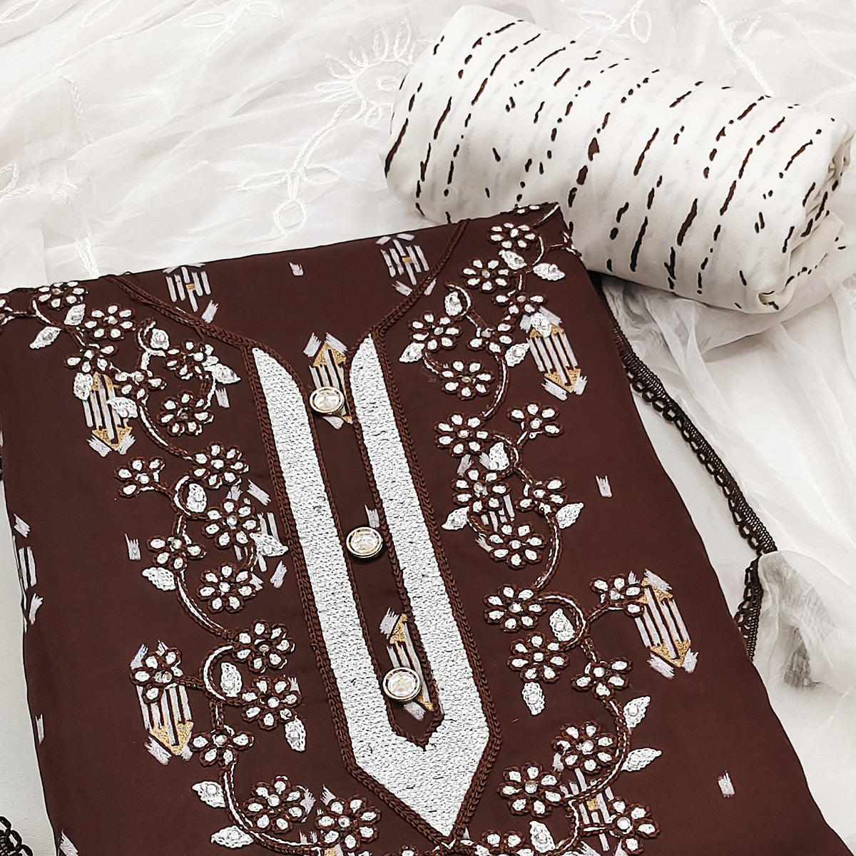 Brown Printed With Embroidered Rayon Dress Material