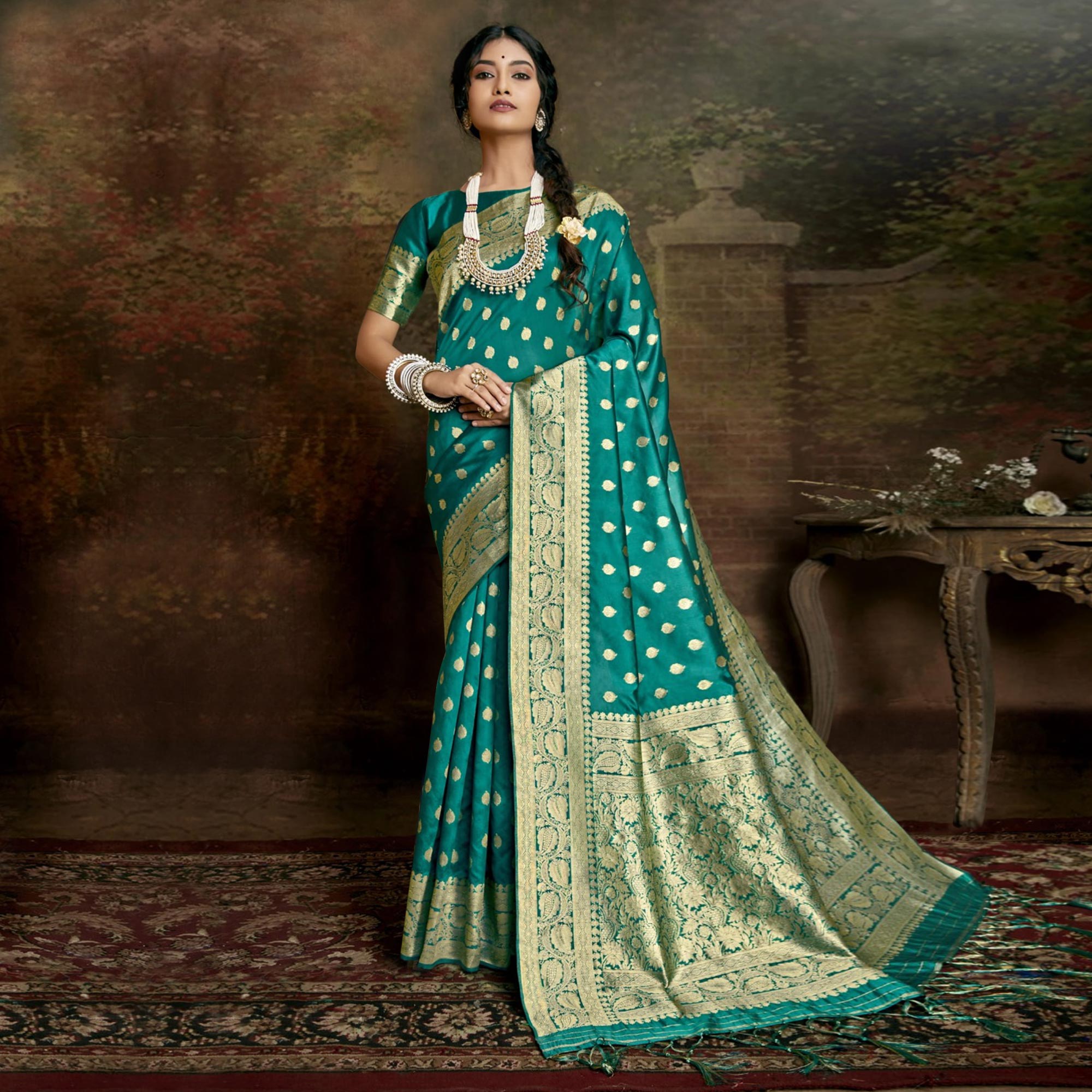 Rama Green Woven Banarasi Silk Saree With Tassels