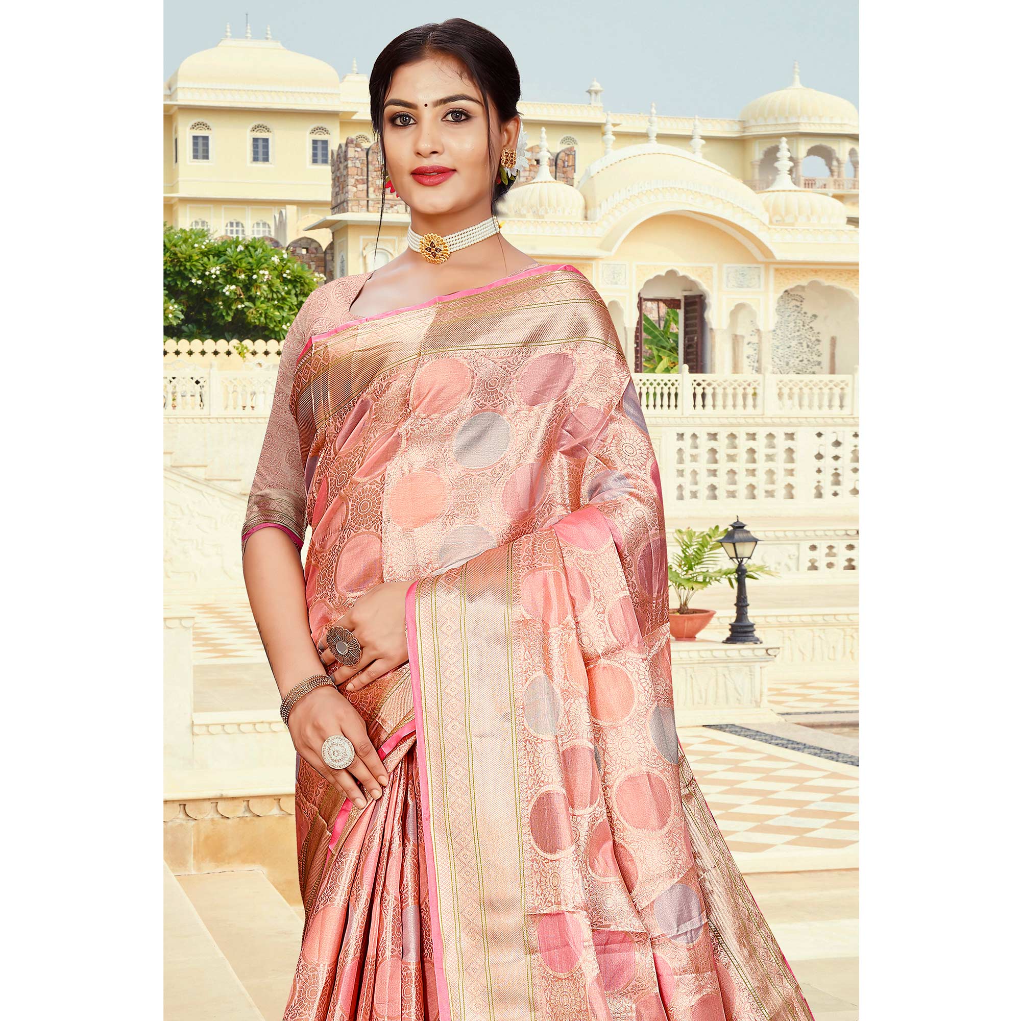 Pink Floral Woven Organza Saree With Tassels