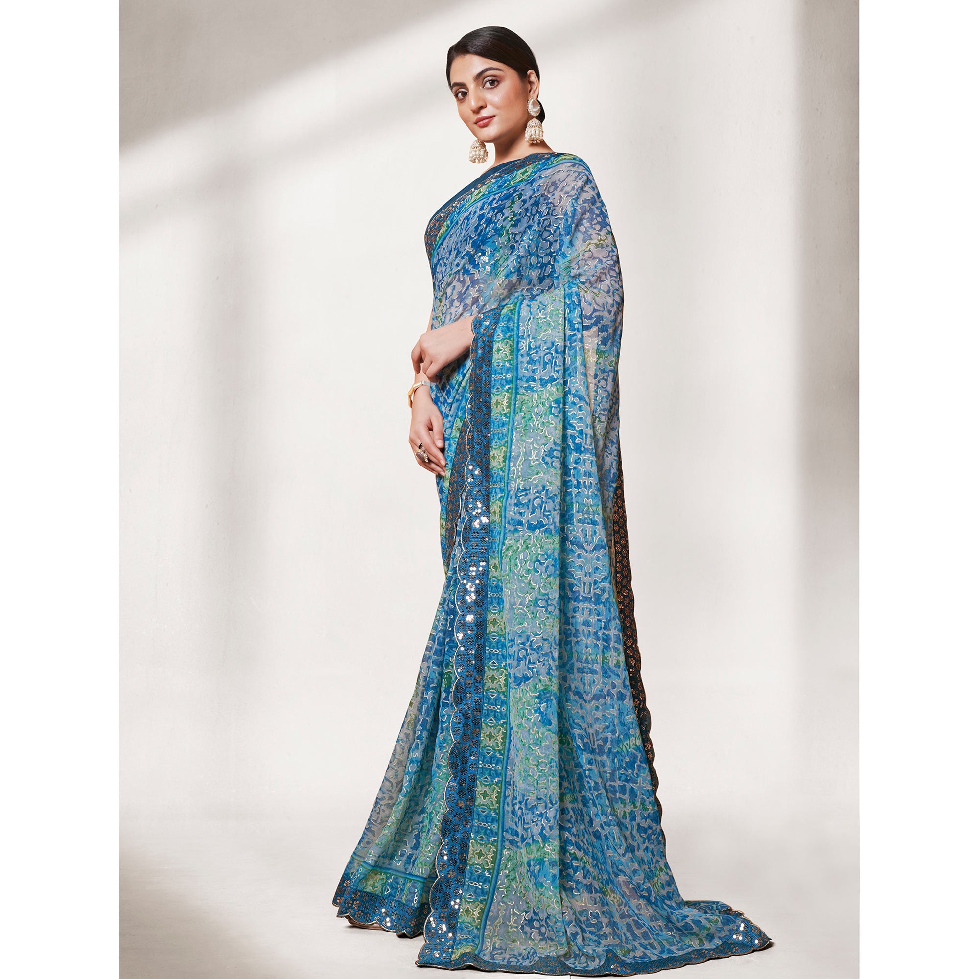Blue Printed With Sequins Border Georgette Saree