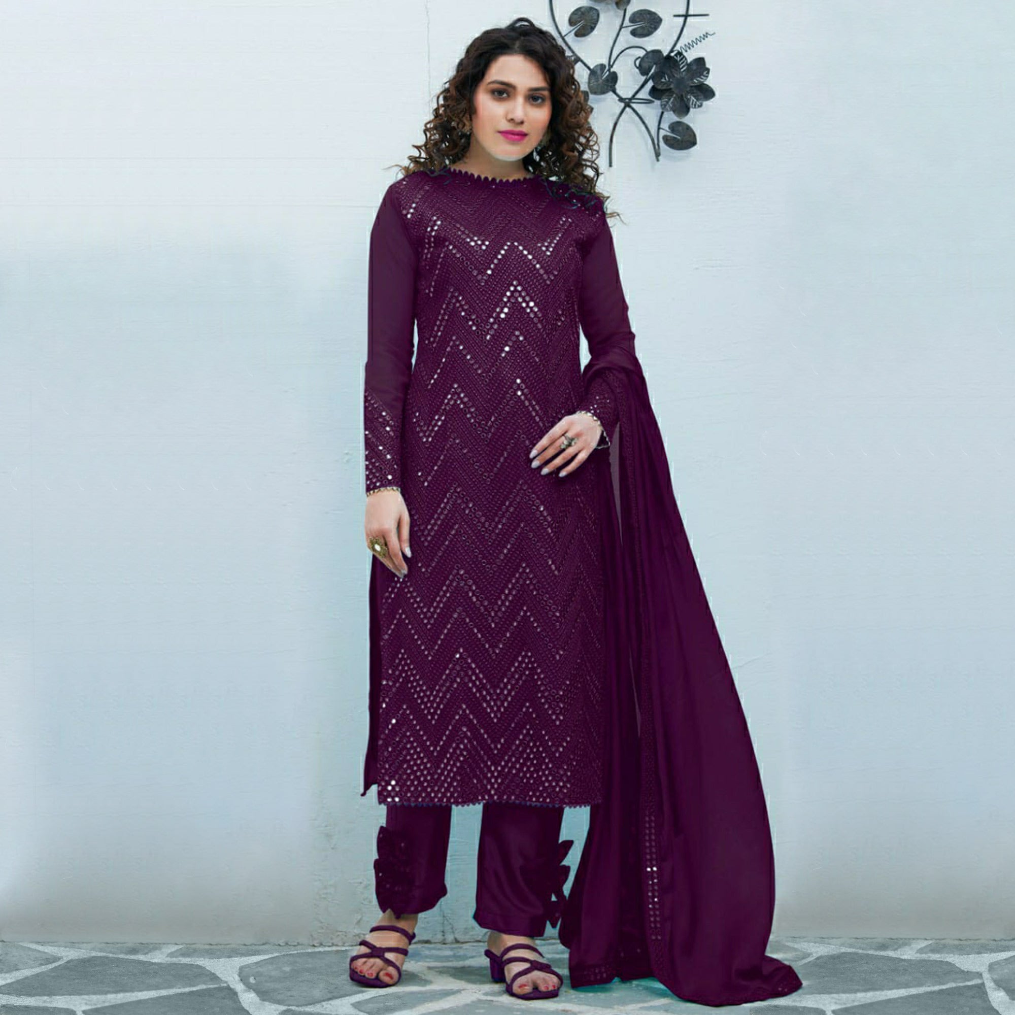 Purple Mirror Embroidered Georgette Suit