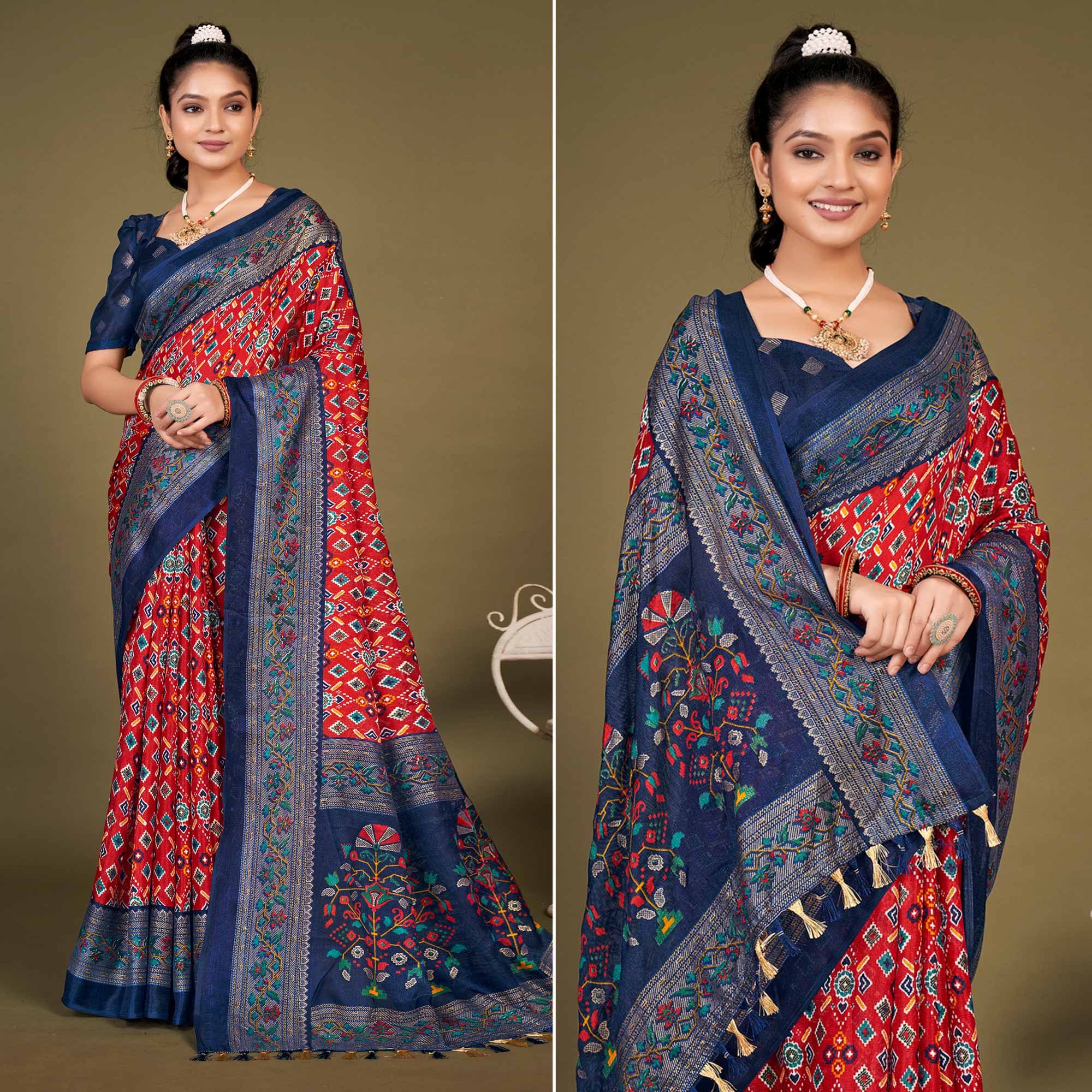 Red Printed Jute Patola Saree With Tassels