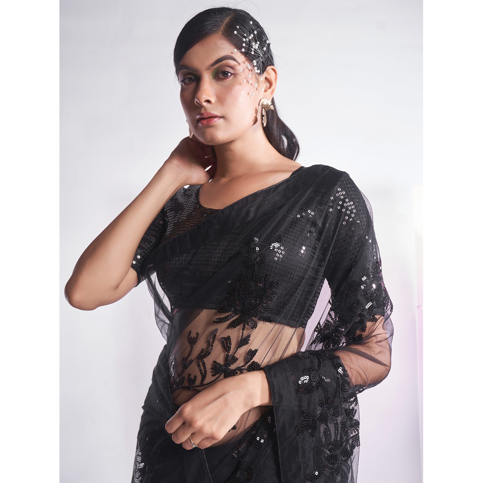 Black Floral Sequins Embroidered Soft Net Saree