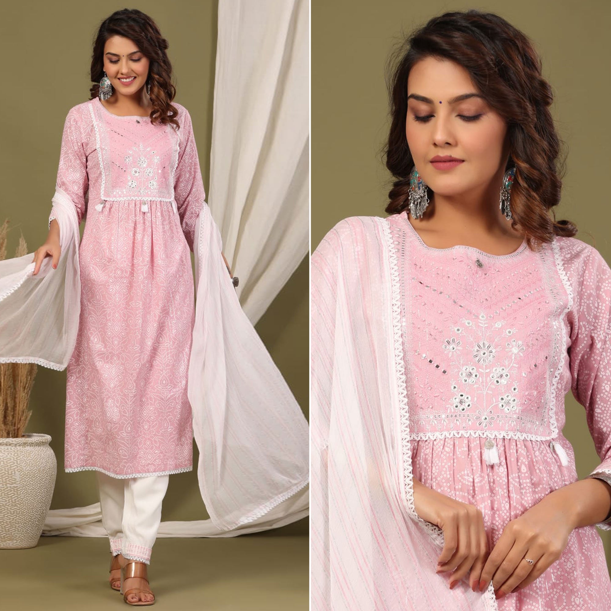 Pink Printed With Embroidered Pure Cotton Naira Cut Suit
