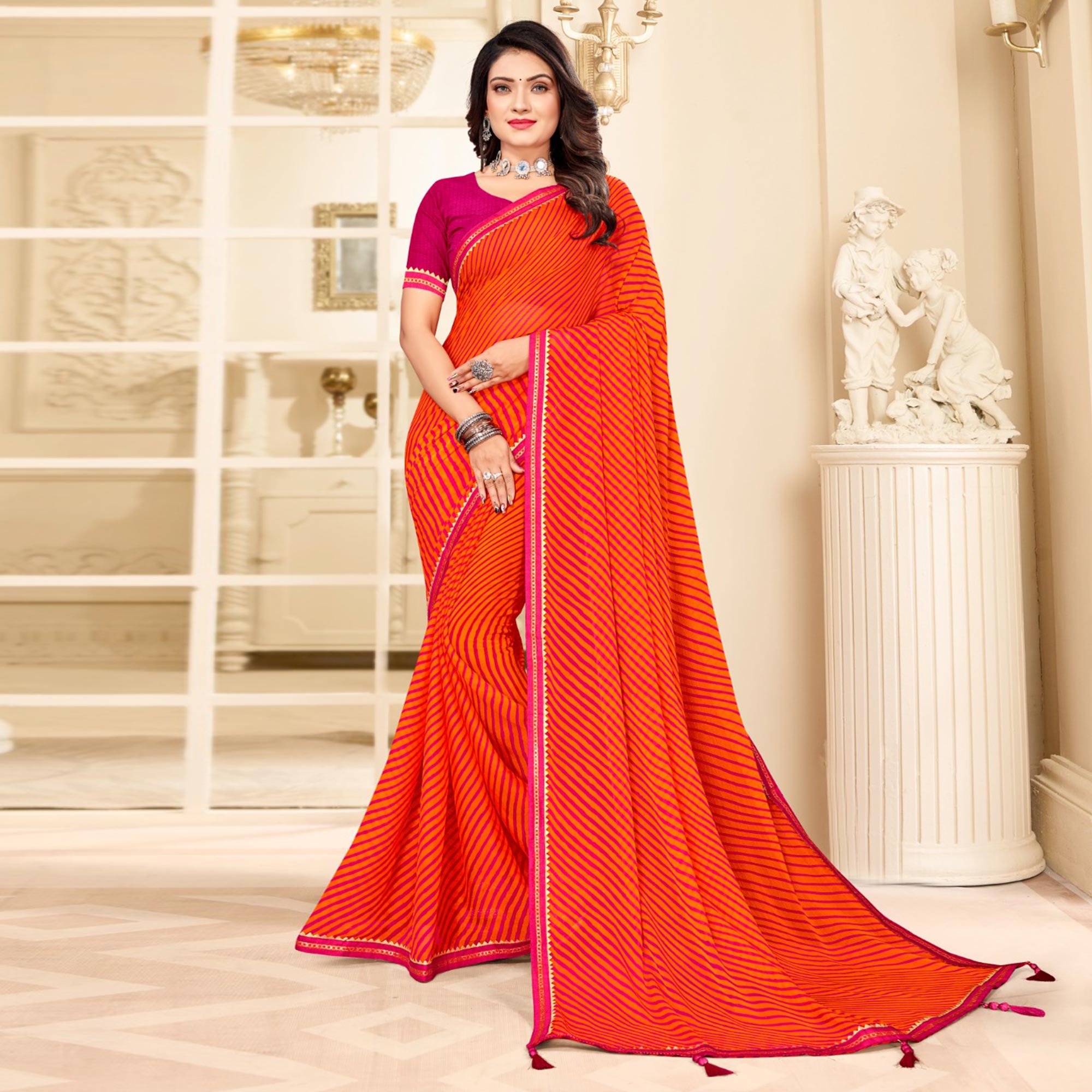 Orange Digital Striped Printed Chiffon Saree With Tassels