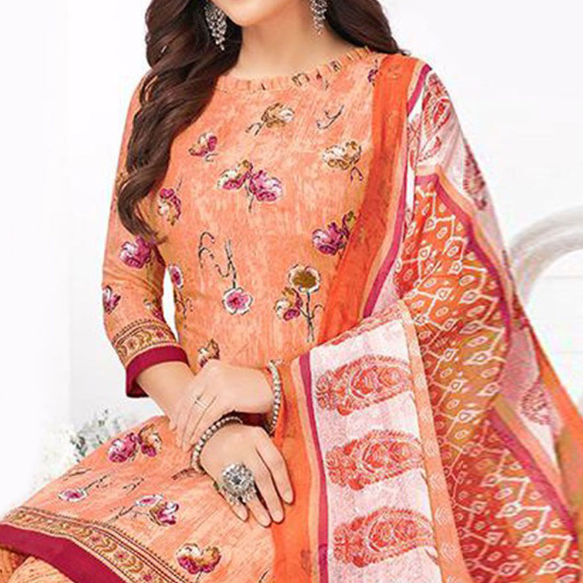 Peach Printed Crepe Patiala Dress Material