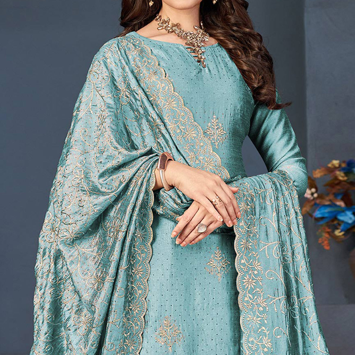 Sky Blue Sequins Embroidered Vichitra Silk Suit