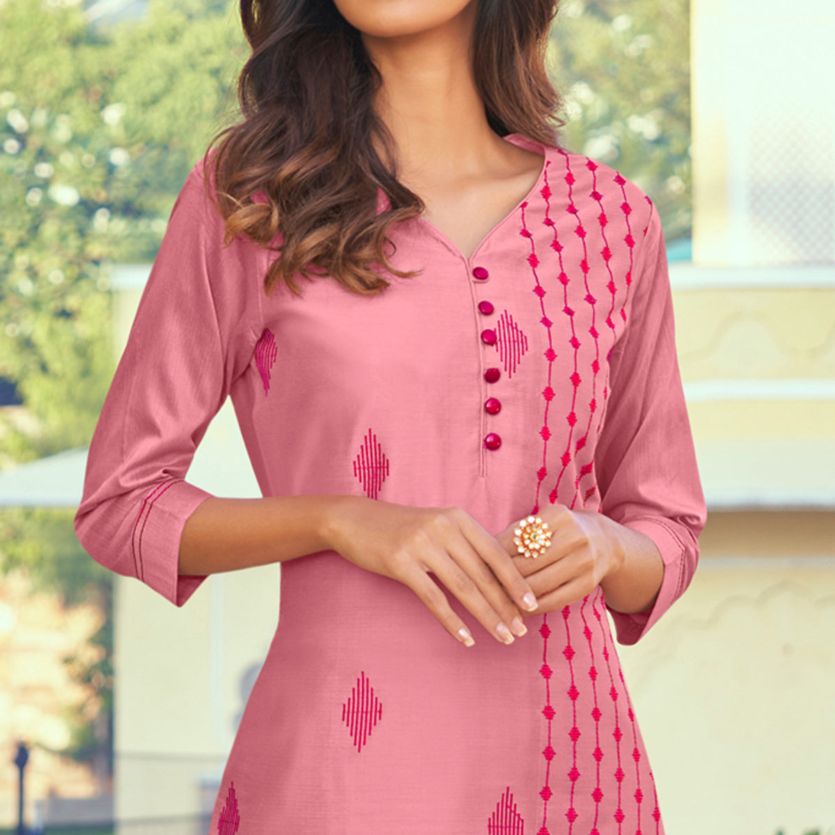 Pink Embroidered Art Silk Kurti Pant Set