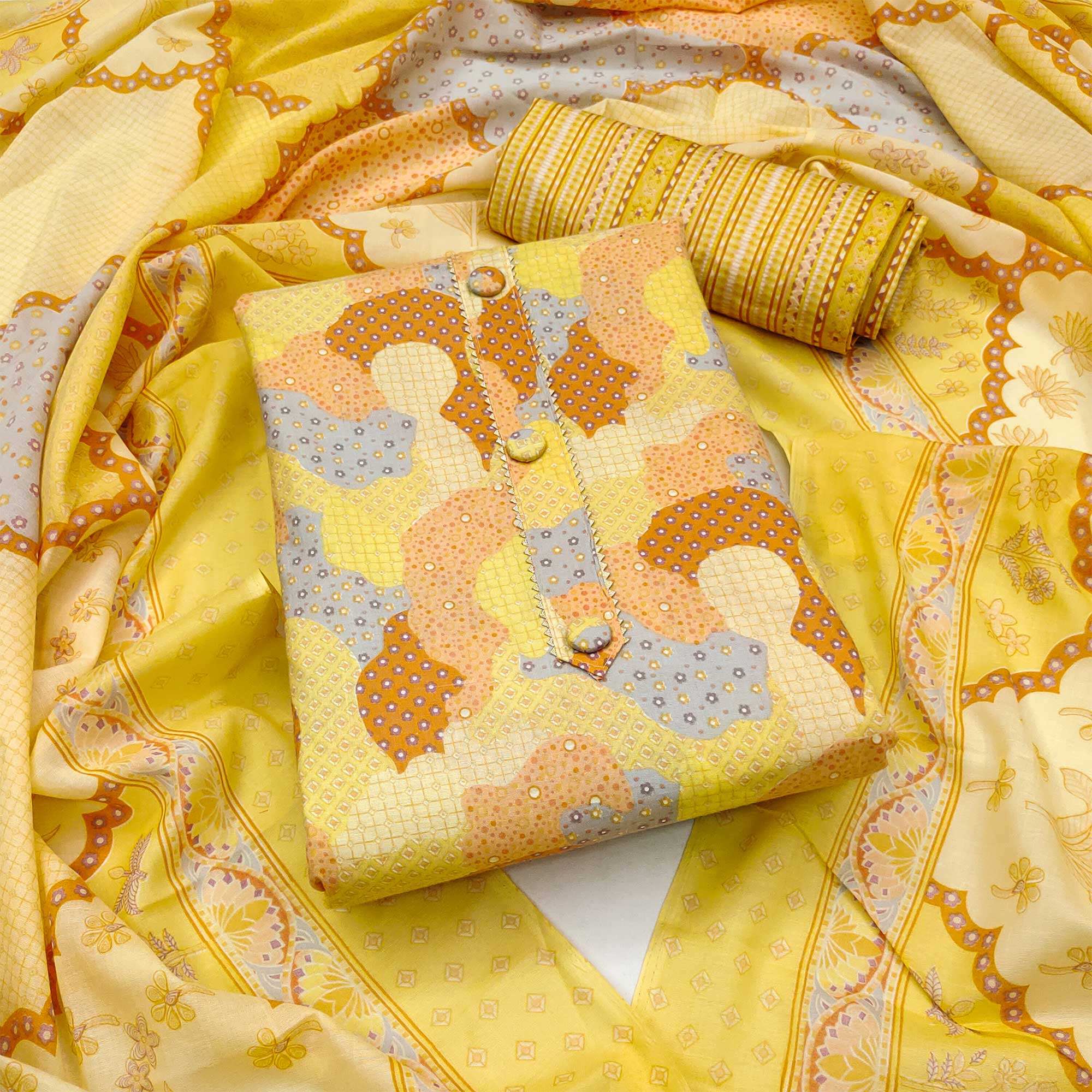 Yellow Printed Cotton Blend Dress Material