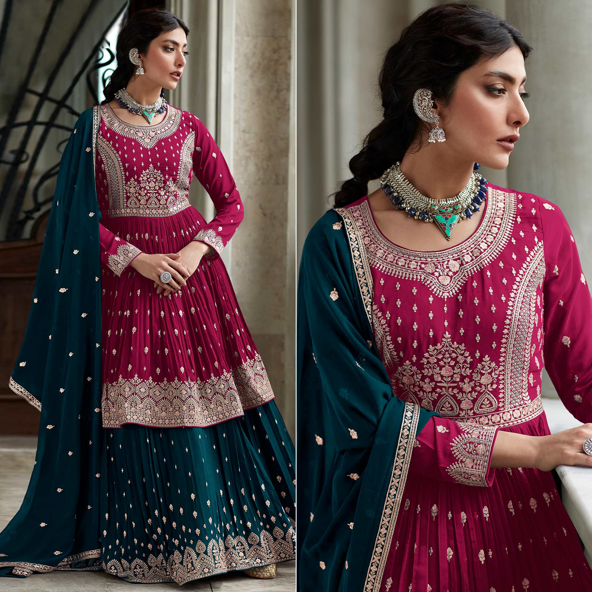 Pink Floral Embroidered Georgette Sharara Suit
