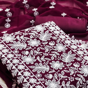 Wine Floral Embroidered Georgette Dress Material