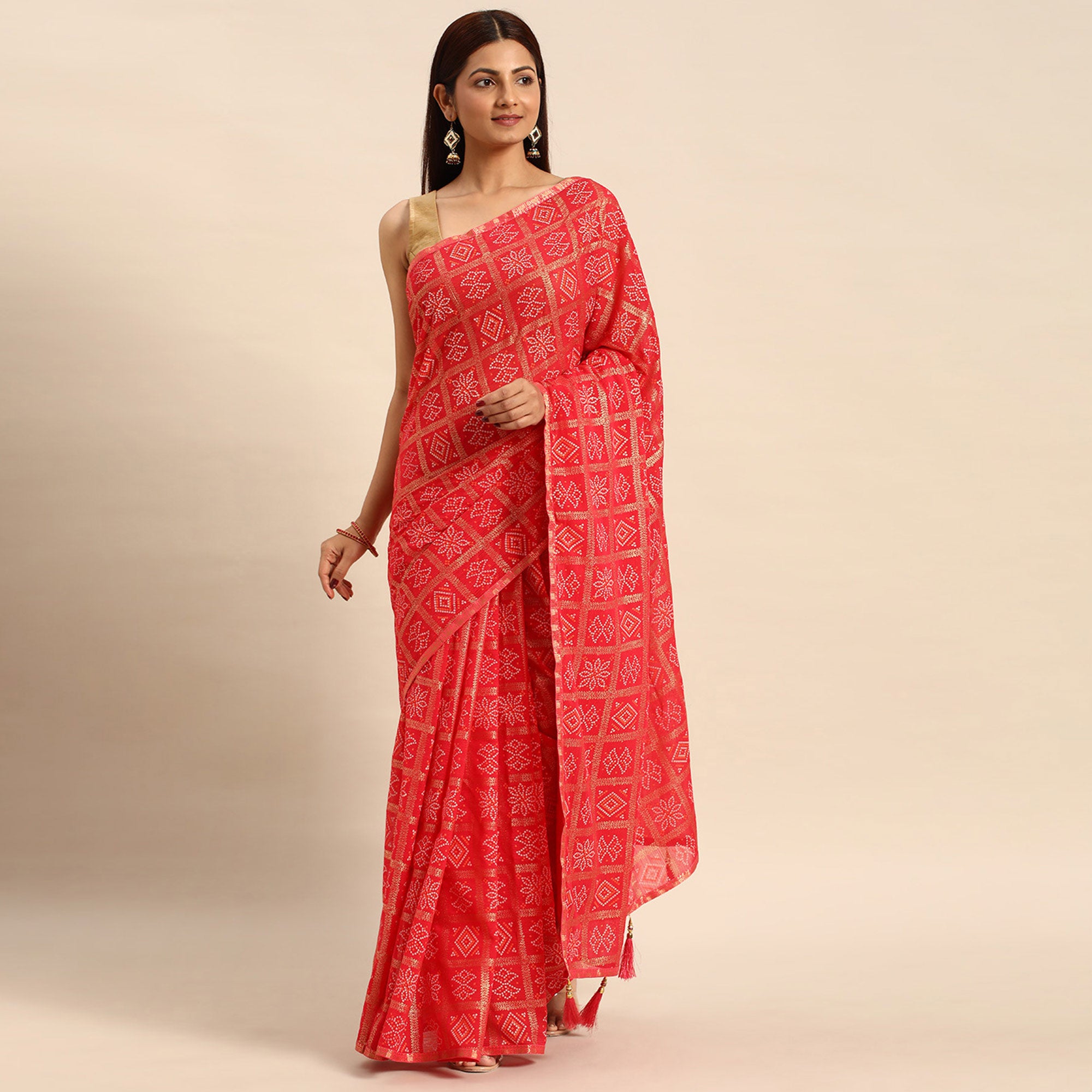 Pink Bandhani Foil Printed Zomato Saree With Tassels