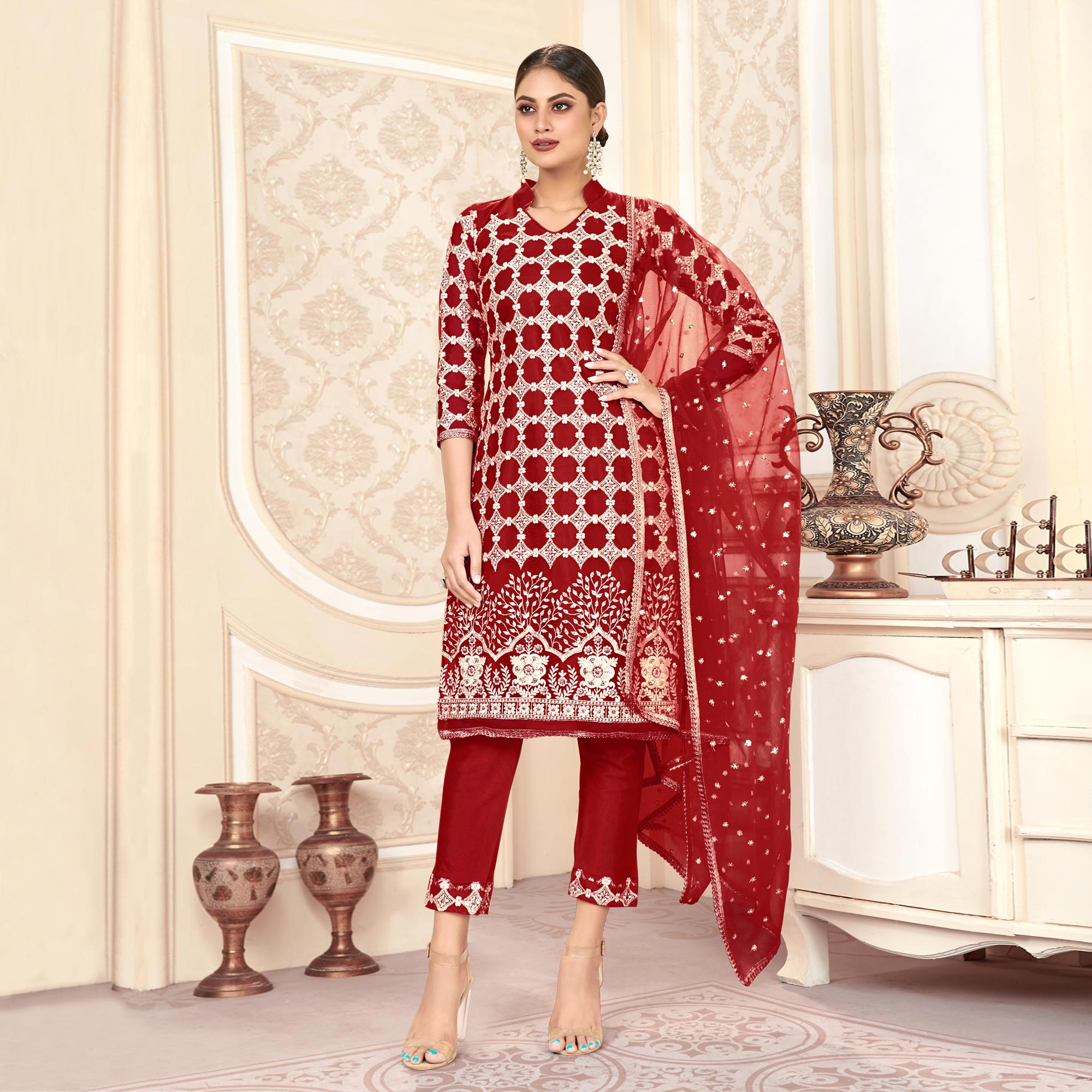 Maroon Sequins Embroidered Net Semi Stitched Suit