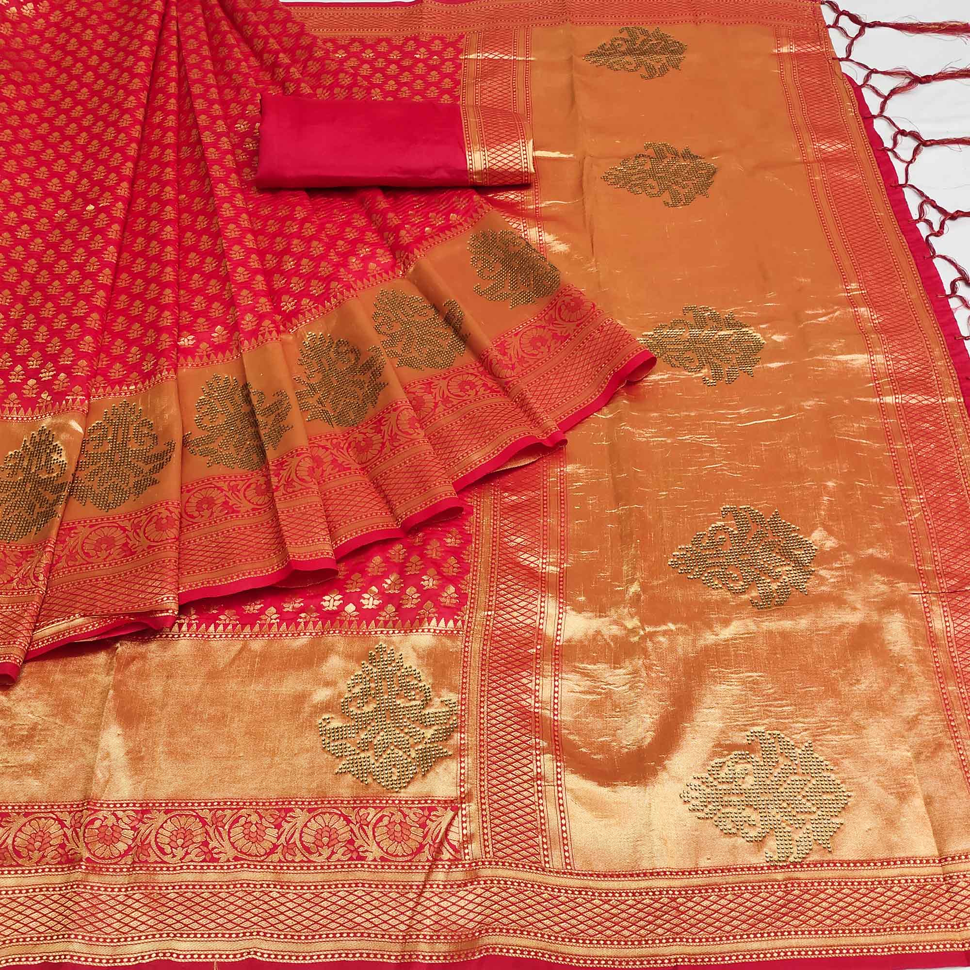 Pink Woven Art Silk Saree With Tassels