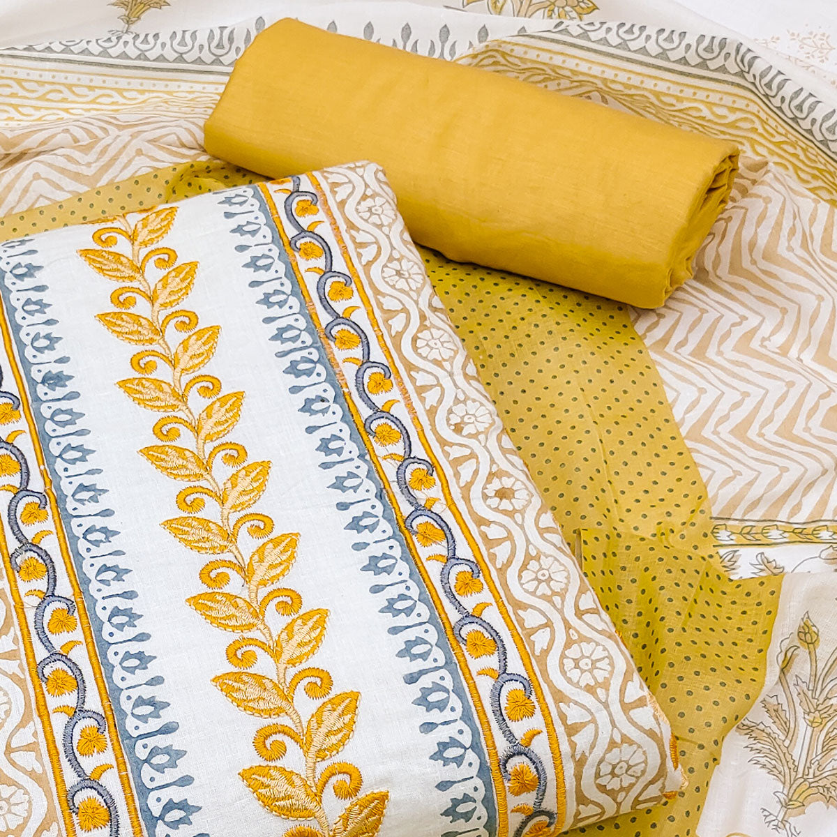 Yellow Floral Embroidered Pure Cotton Dress Material