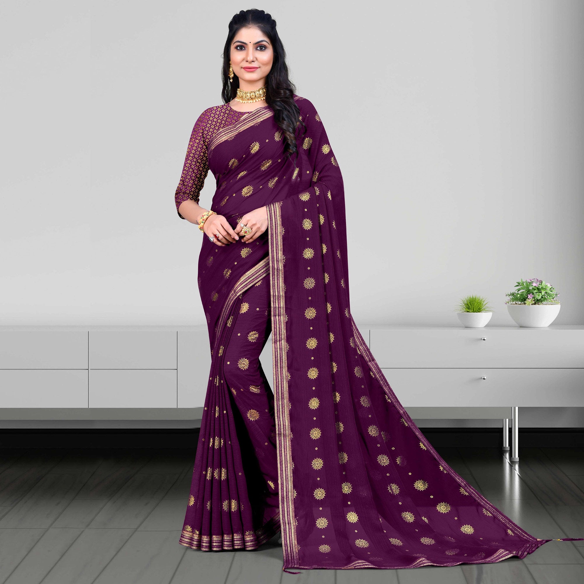 Purple Woven Chiffon Saree