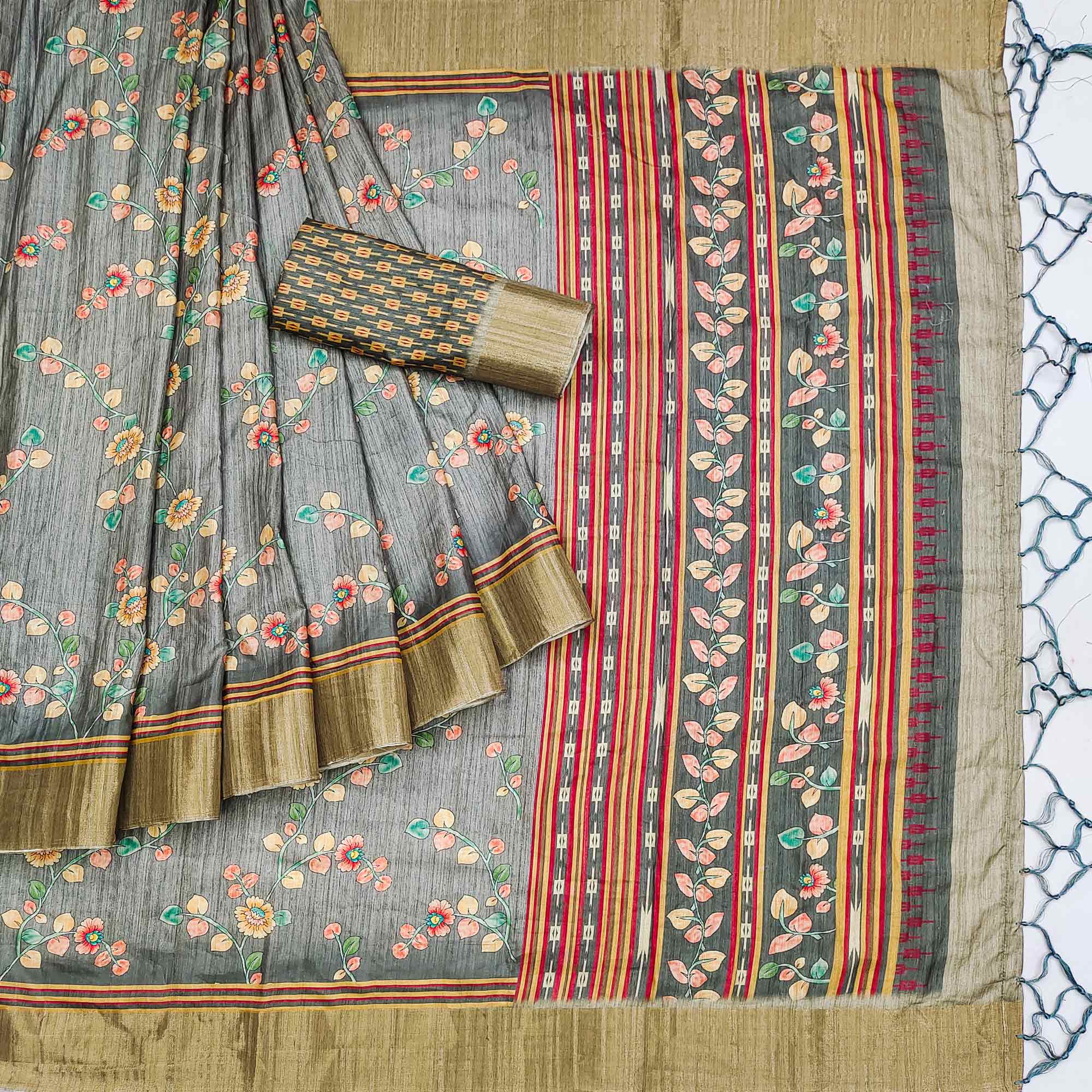 Grey Floral Printed Matka Tussar Saree With Tassels