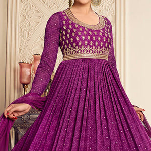 Purple Printed With Embroidered Chiffon Gown