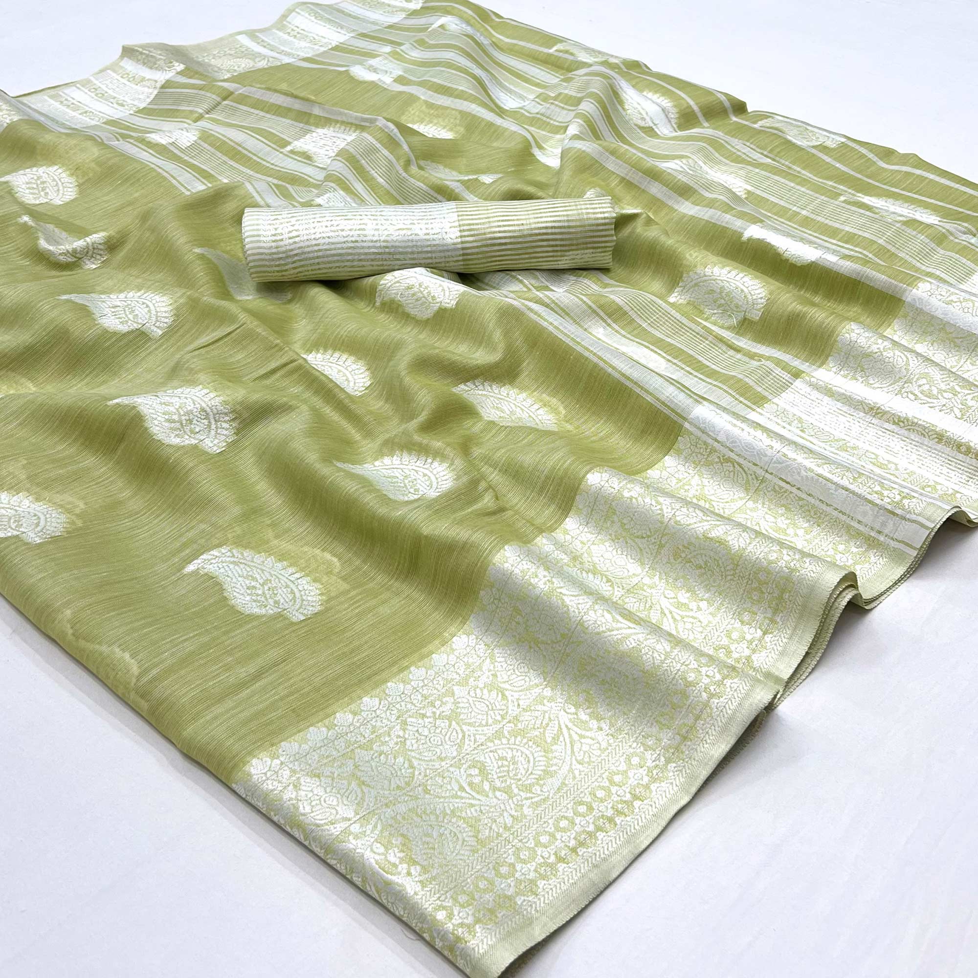 Pista Green Woven Linen Saree
