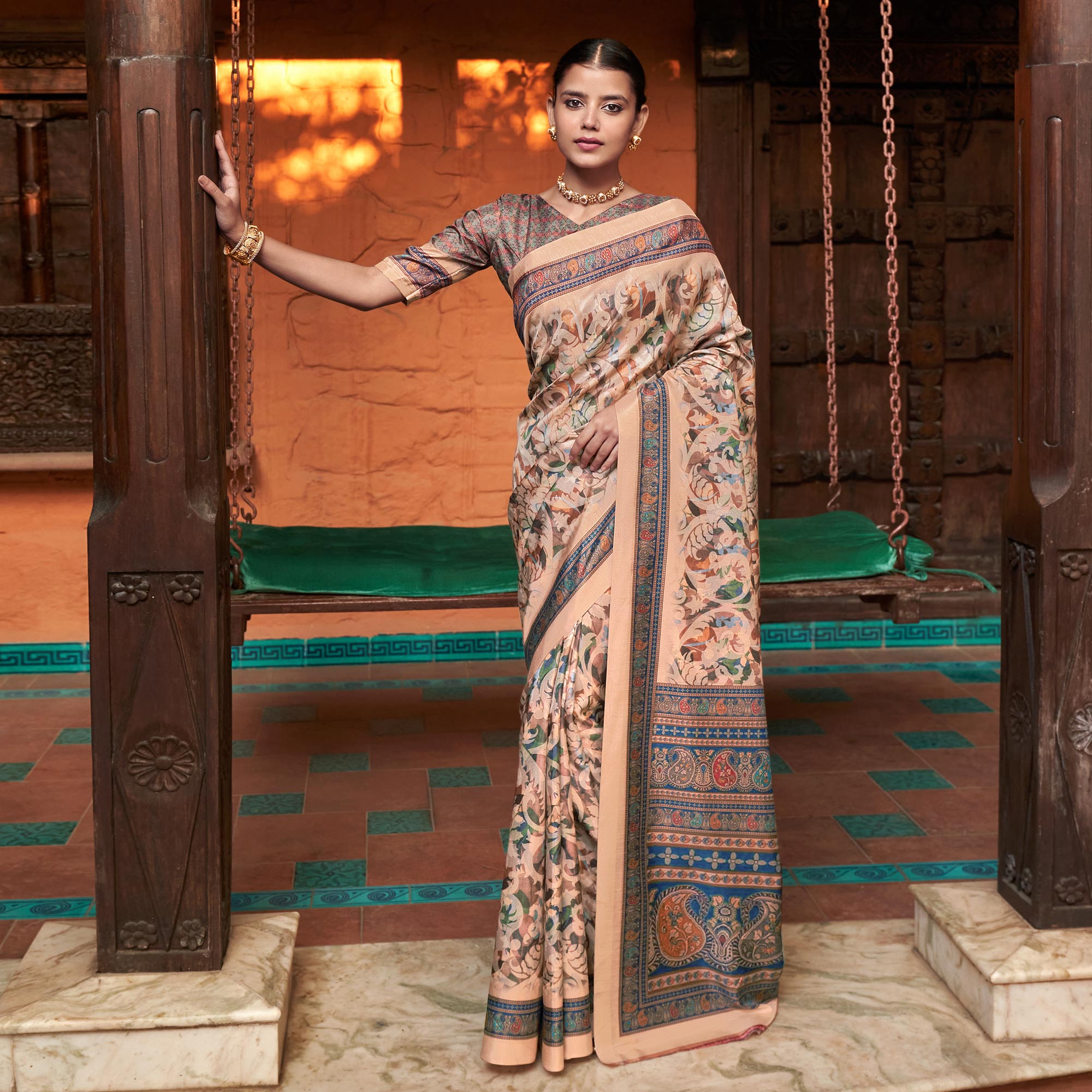 Cream Digital Printed Satin Saree