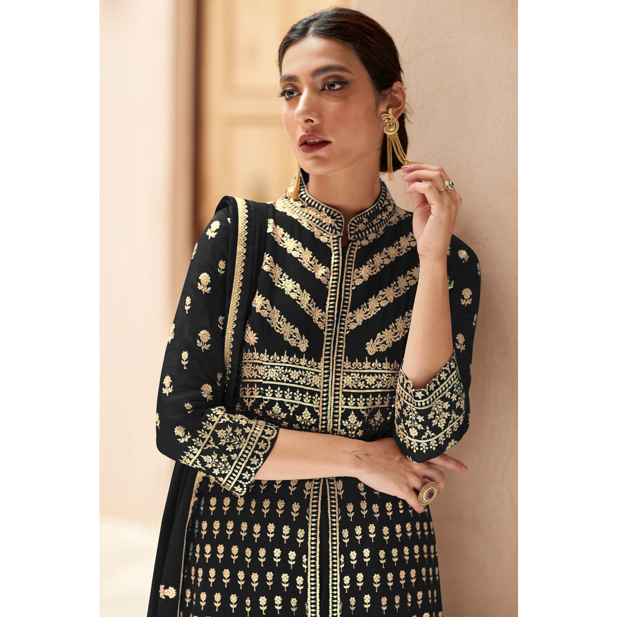 Black Floral Embroidered Georgette Palazzo Suit
