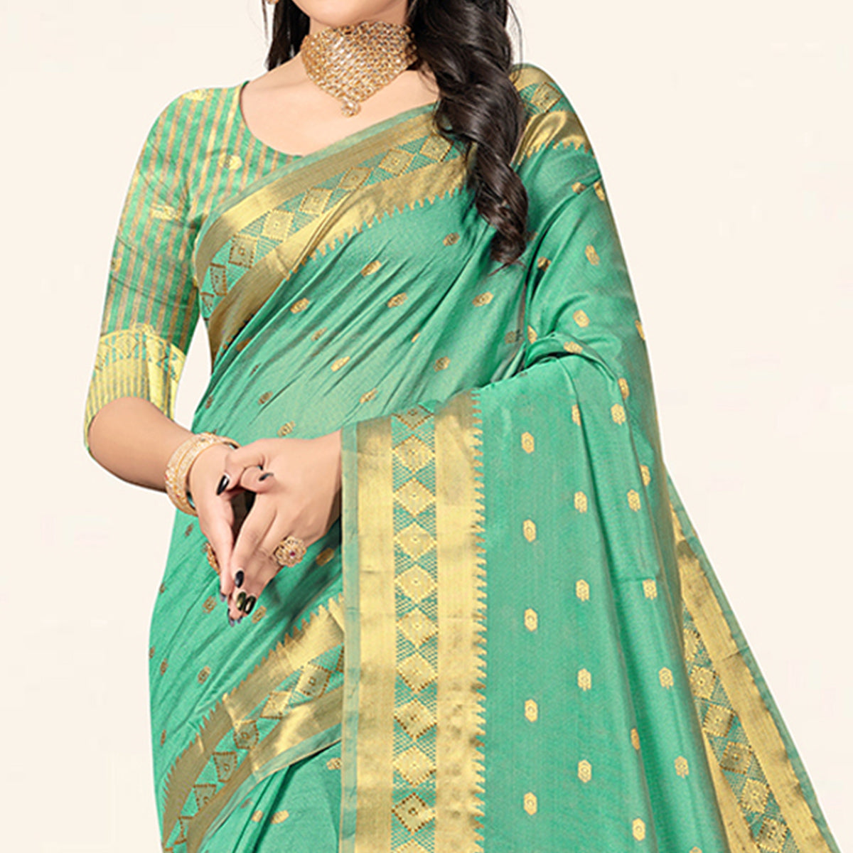 Sea Green Woven Assam Silk Saree With Tassels