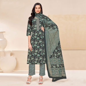 Green Printed With Tie Embroidered Pure Cotton Suit