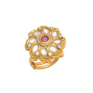 Gold Polish American Diamond Red Stone Kundan Adjustable Ring