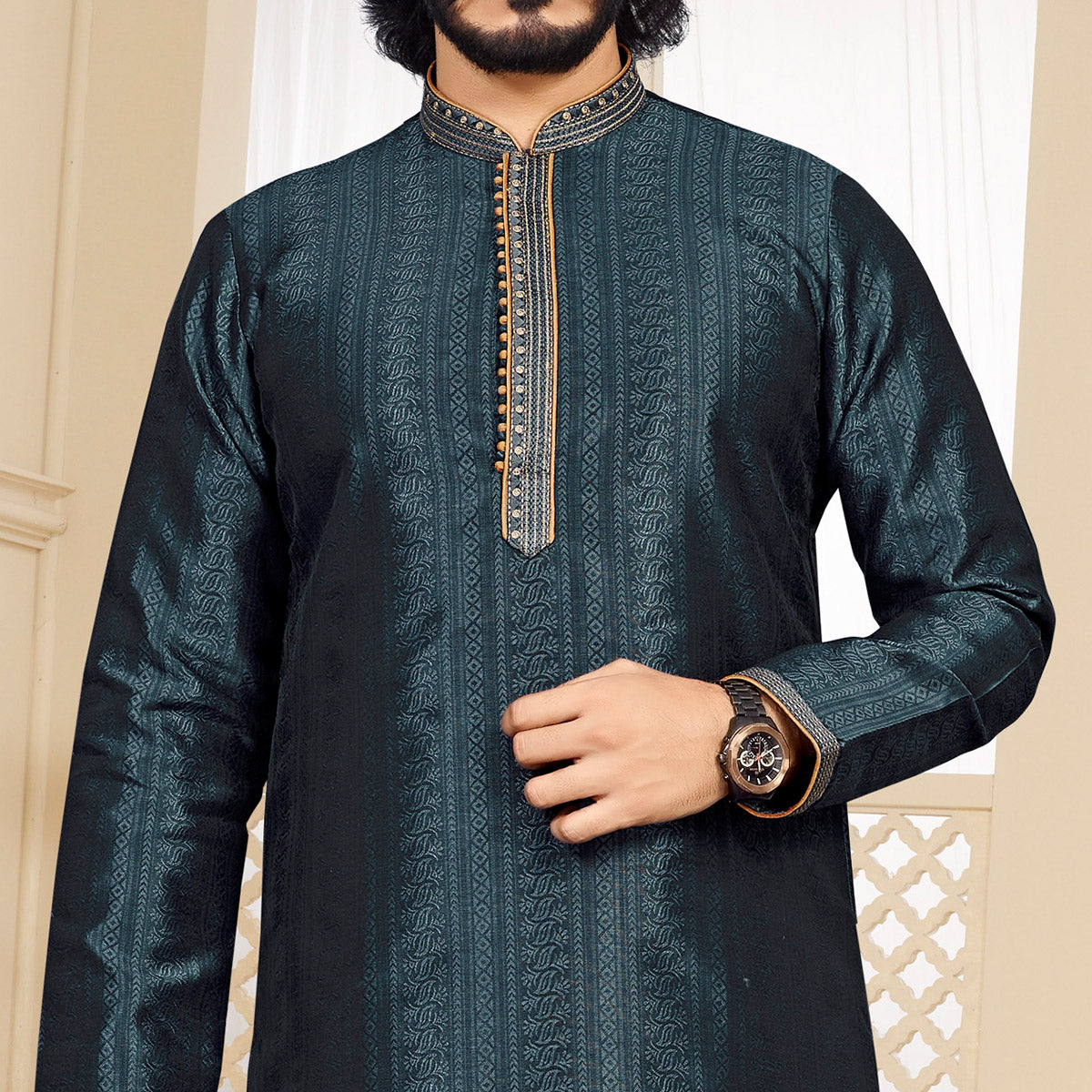 Teal Blue Woven Jacquard Kurta Pyjama Set