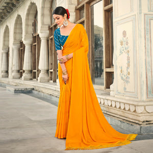 Mustard Printed Georgette Saree With Tassels