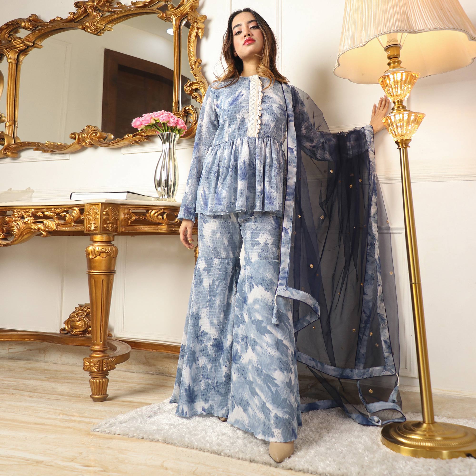 Grey Floral Printed Georgette Sharara Suit