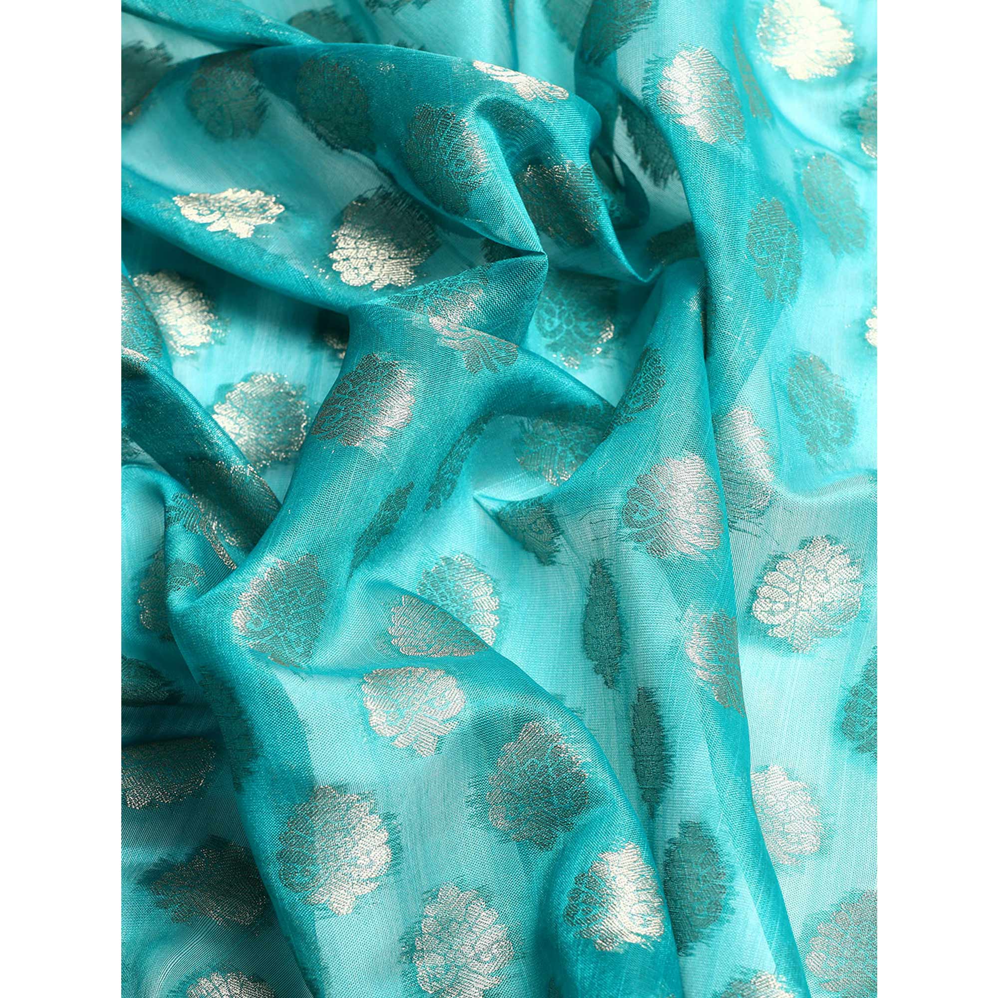 Turquoise Woven Organza Silk Saree With Tassels