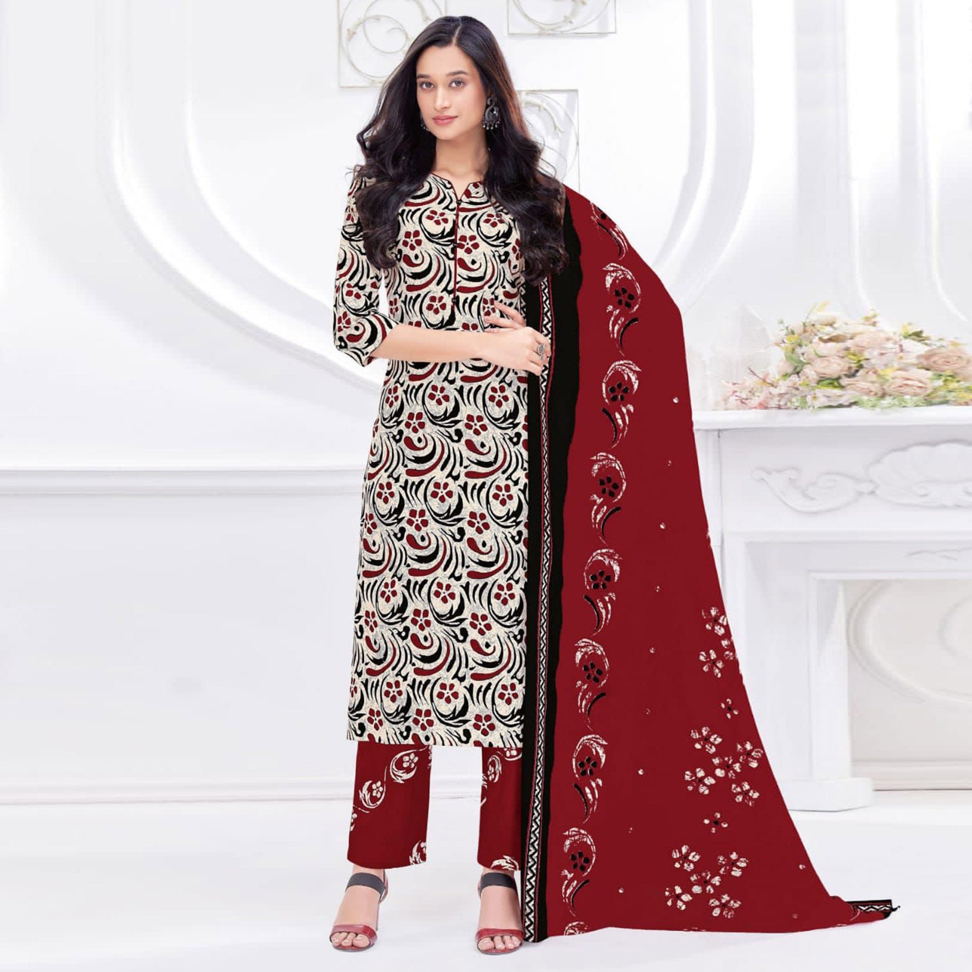 Cream Printed Cotton Suit