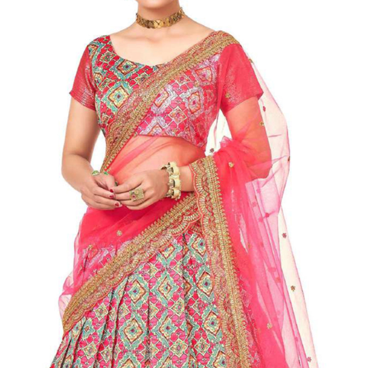 Sea Green And Pink Digital Printed With Zari Work Art Silk Lehenga Choli
