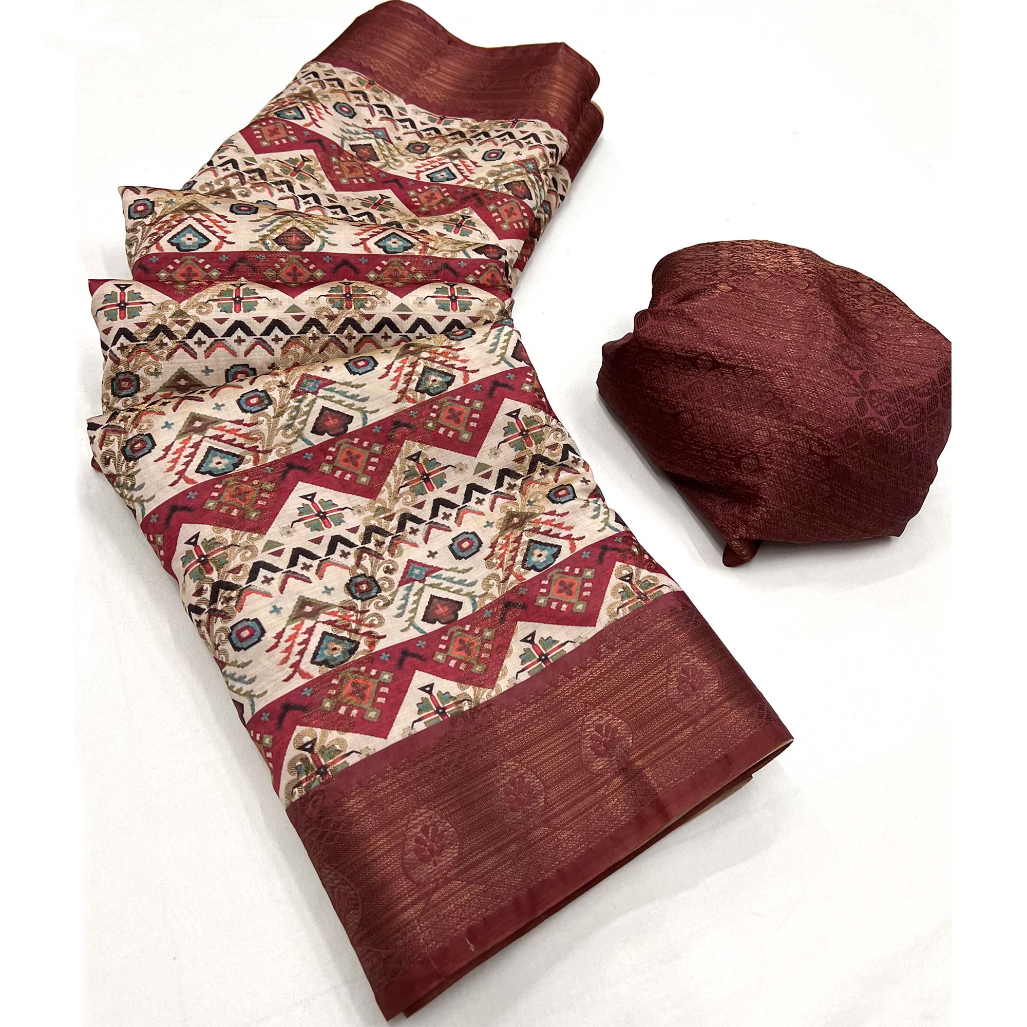 Cream Digital Printed Cotton Silk Saree