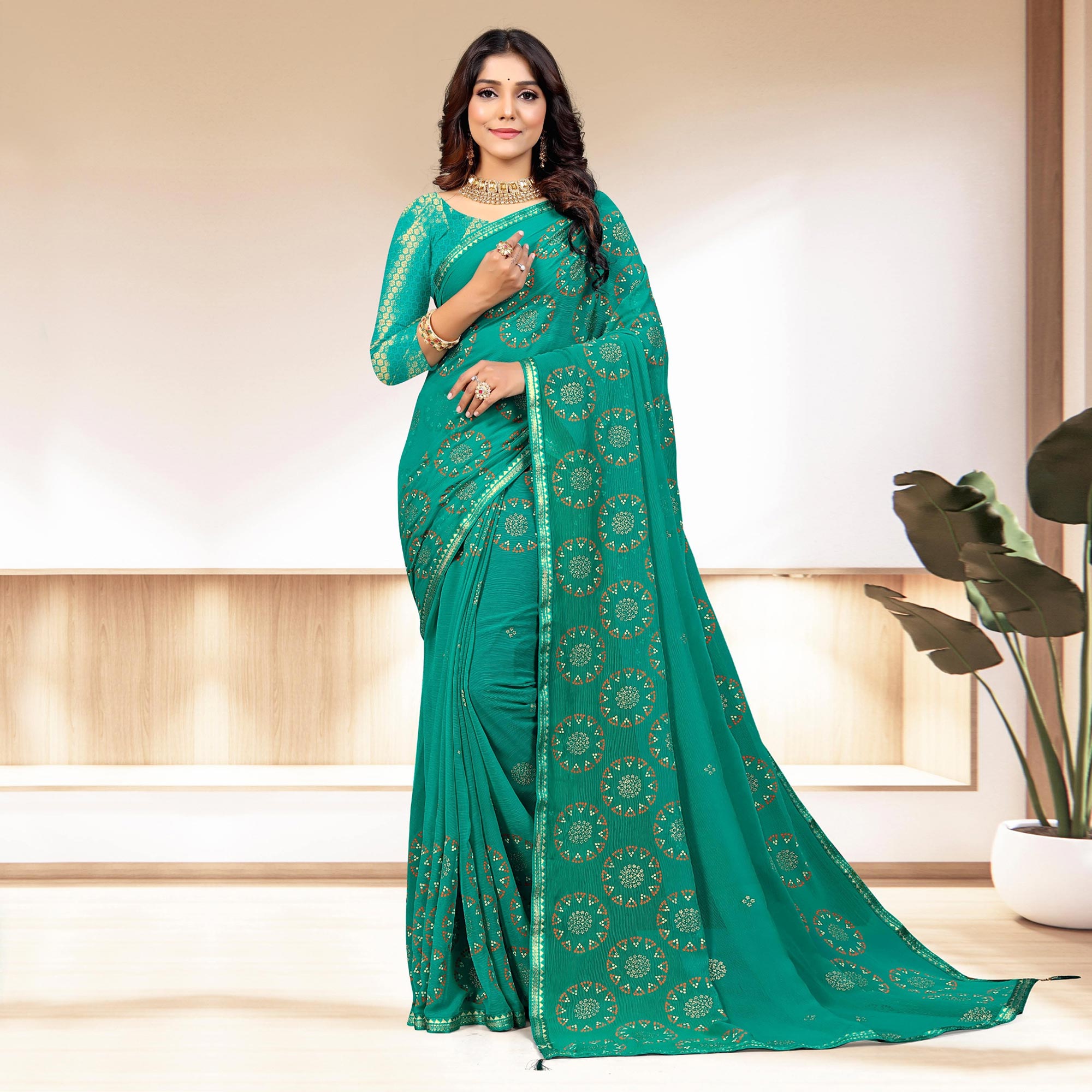 Rama Blue Bandhani Printed Chiffon Saree