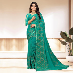 Rama Blue Bandhani Printed Chiffon Saree