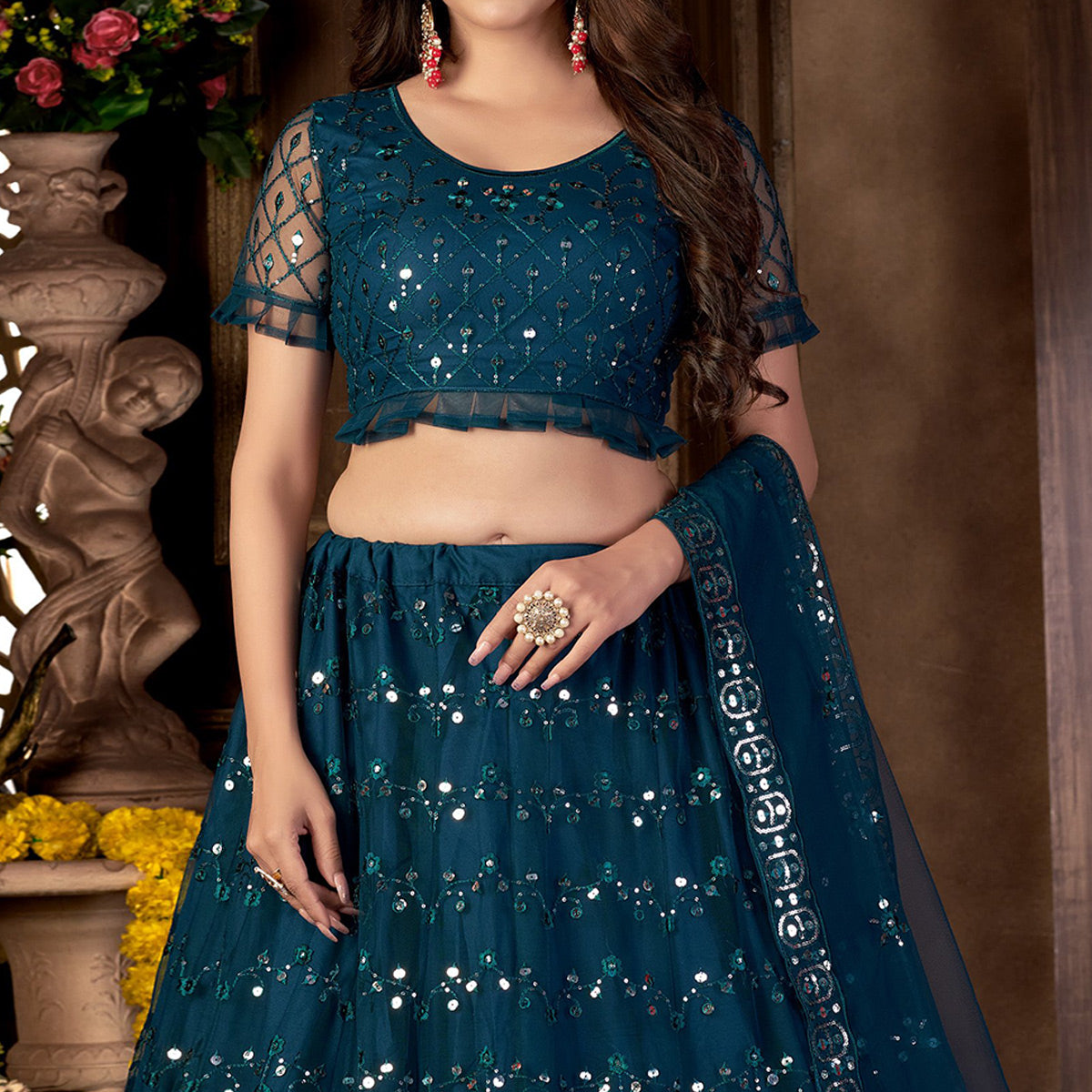 Blue Sequins Embroidered Net Lehenga Choli