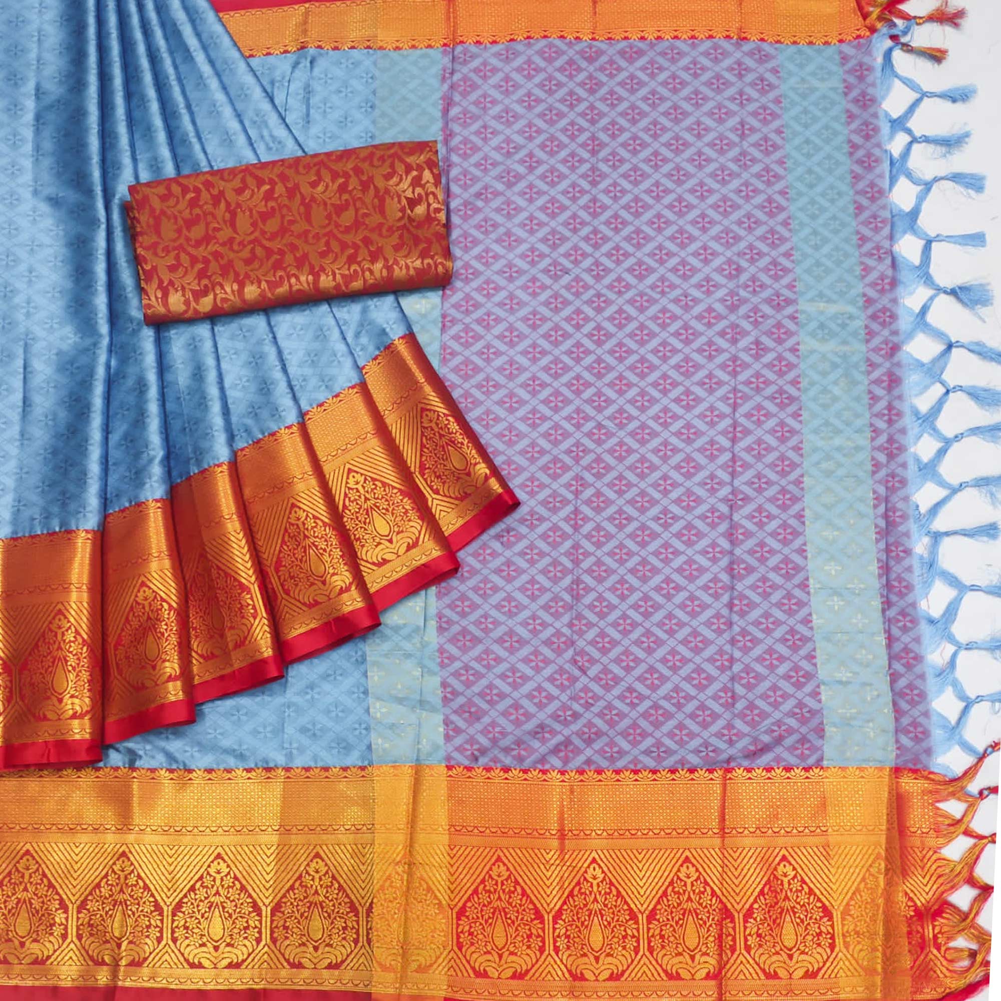 Sky Blue Woven Cotton Silk Saree With Tassels